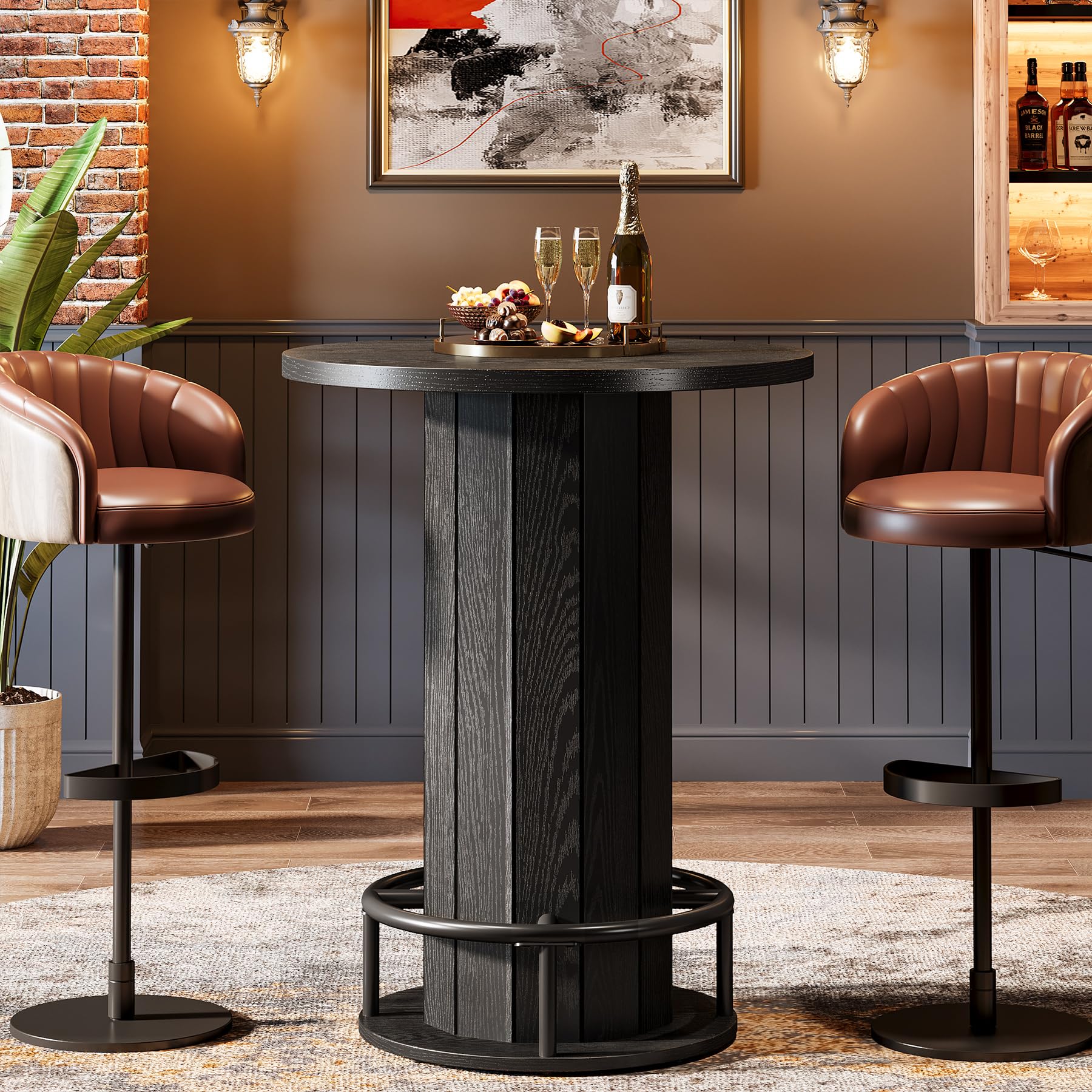 Farmhouse Round Bar Table with Metal Ring Footrest