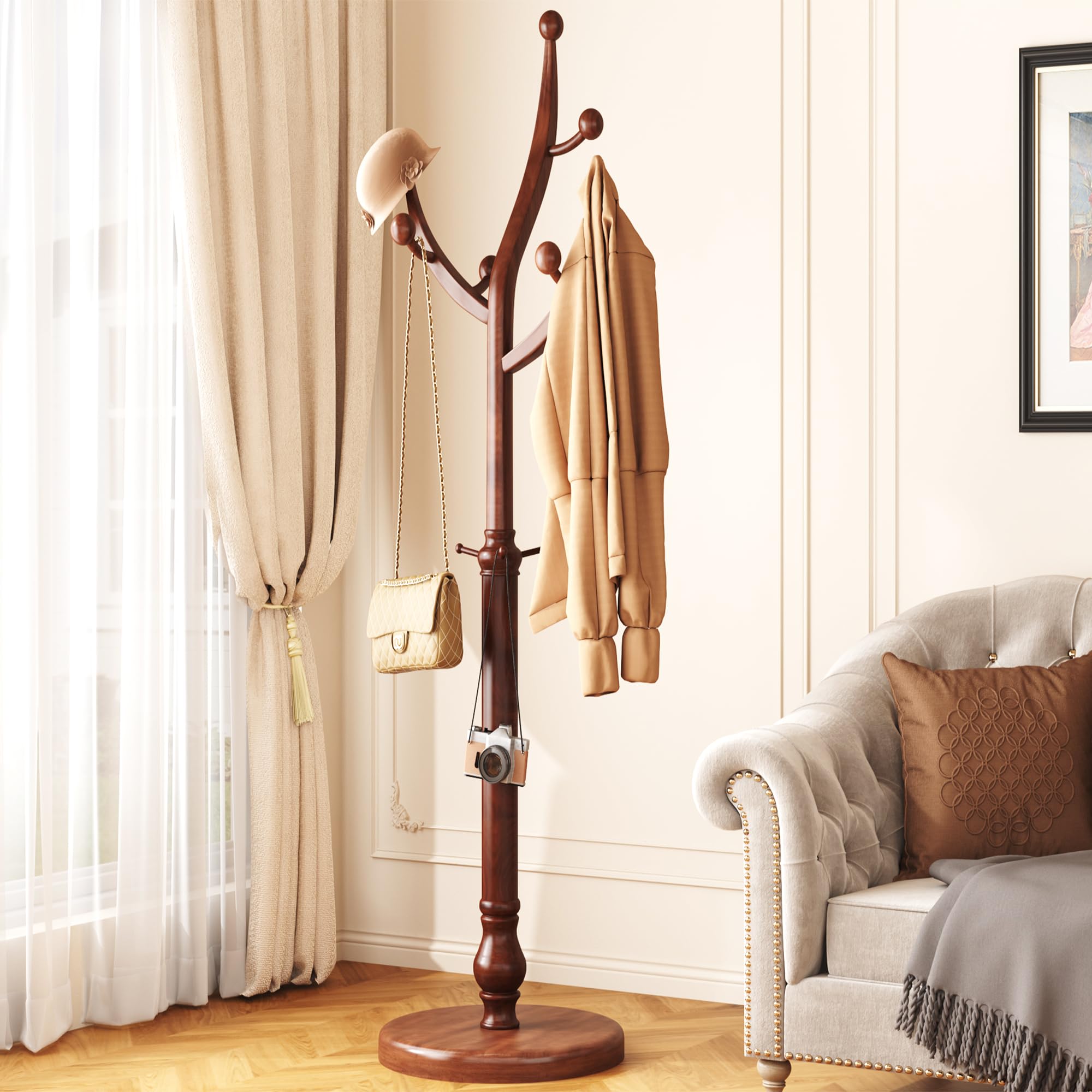 Freestanding Wooden Coat Rack with 11 Hooks