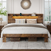 Platform Bed Frame with Storage Headboard, Charging Station & LED Lights