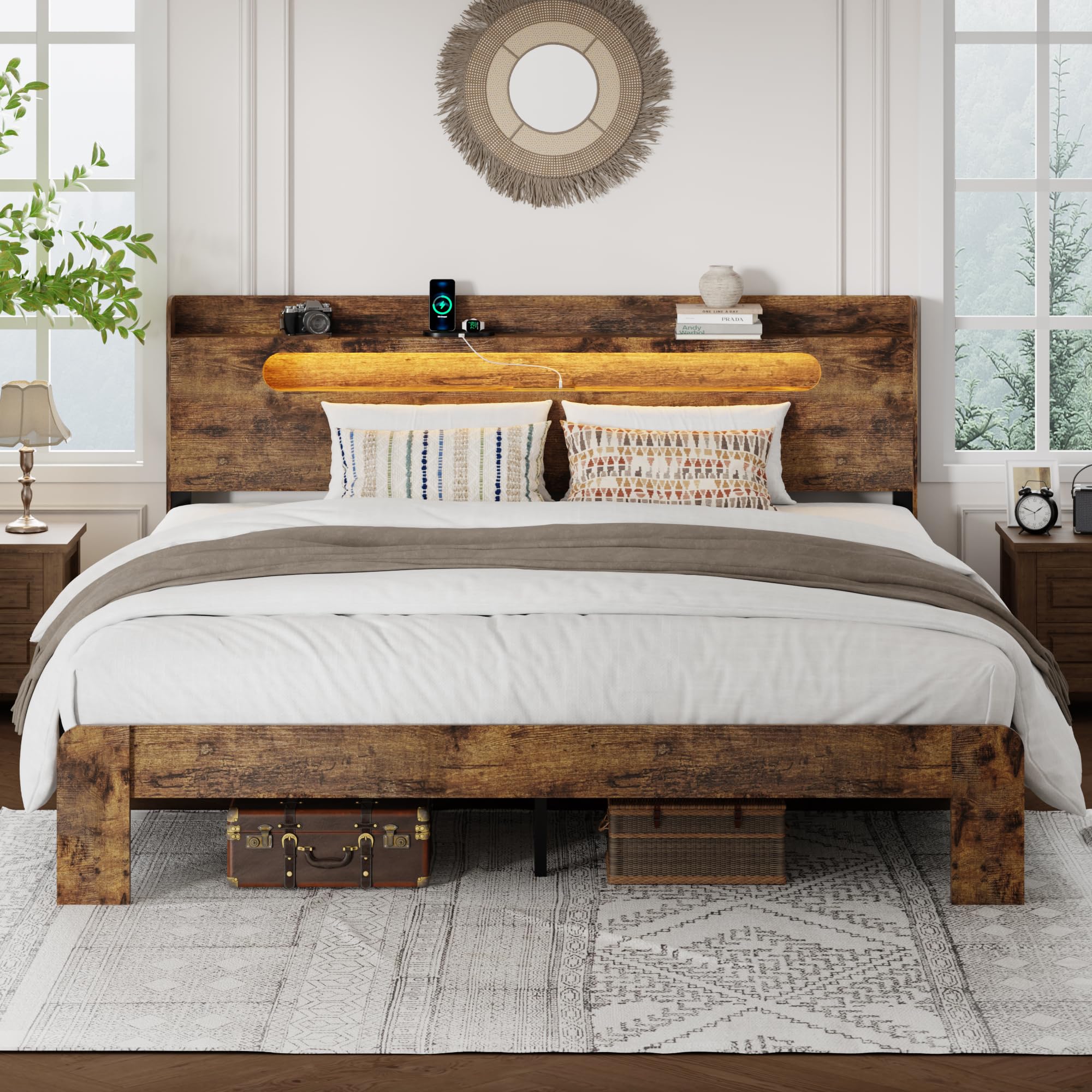 PAUKIN Queen Bed Frame, Queen Size Bed Frame with Storage Headboard, Platform Bed Frame with Charging Station and LED Lights, Sturdy Wooden Slats, No Mattress Required, No Noise，Brown
