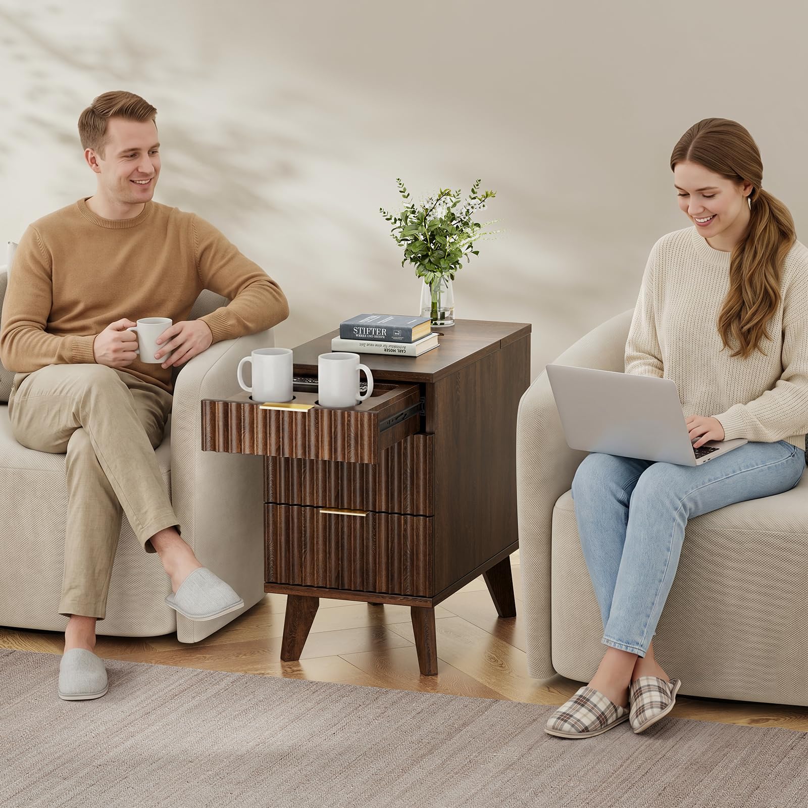 Nightstand with Hidden Charging Outlets & 3 Drawers