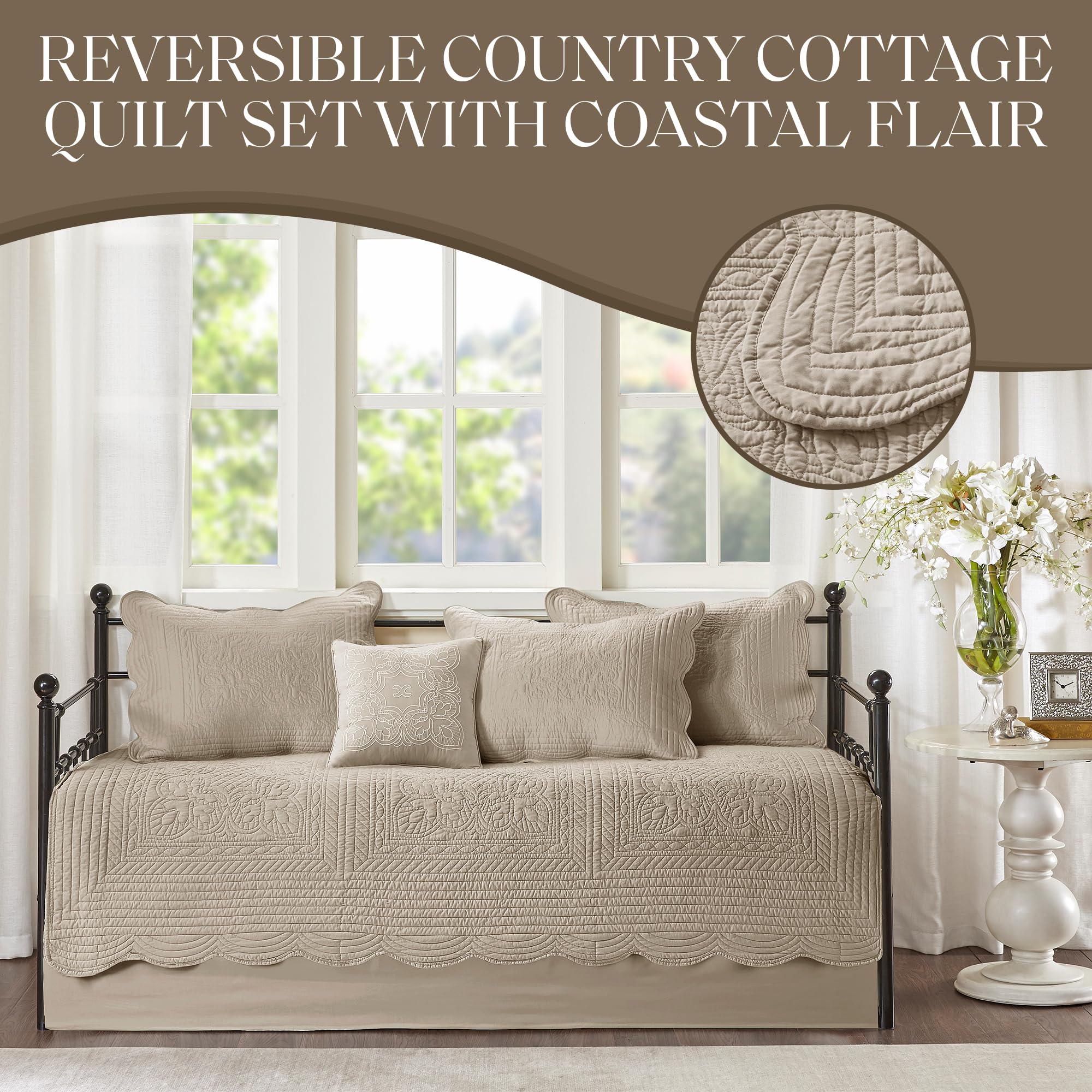 6-Piece Damask Quilted Daybed Cover Set with Scalloped Edge | All Season