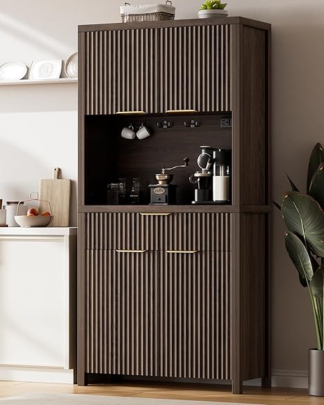 Fluted Pantry Cabinet with Charging Station & Adjustable Shelves