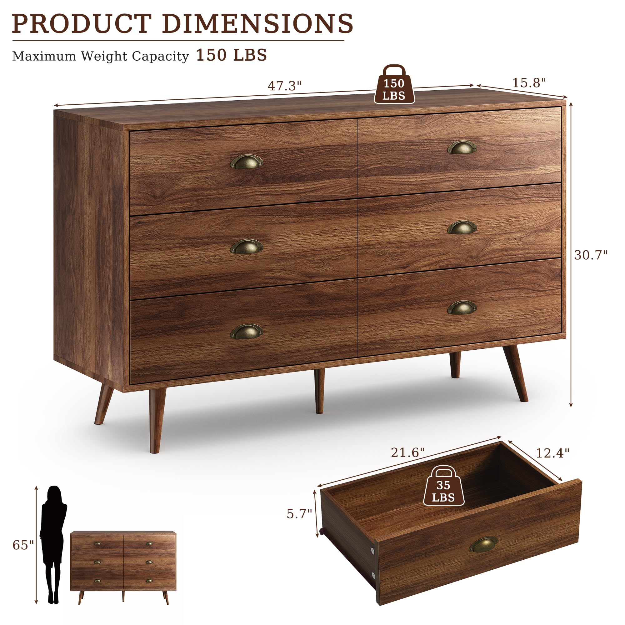 CARPETNAL Walnut Dresser for Bedroom, 6 Drawer Dresser with Wide Drawers and Gold Metal Handles, 47” Wood Dressers & Chests of Drawers for Hallway, Entryway.