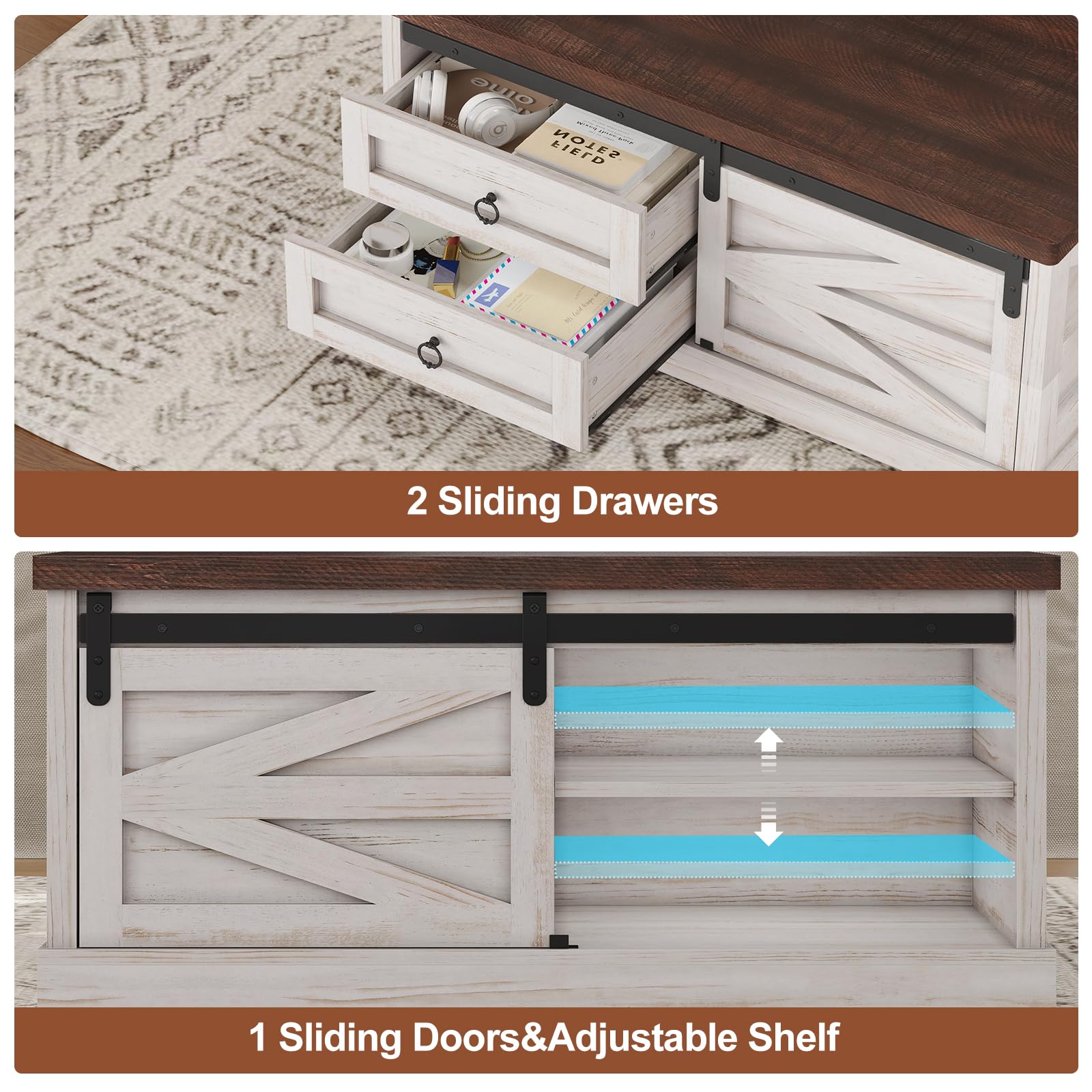Itaar 39.4'' Lift Top Coffee Table with Storage, Farmhouse Coffee Tables for Living Room, Square Coffee Table with Large Hidden Compartment & 2 Drawers & Adjustable Shelves, Vintage White+Walnut