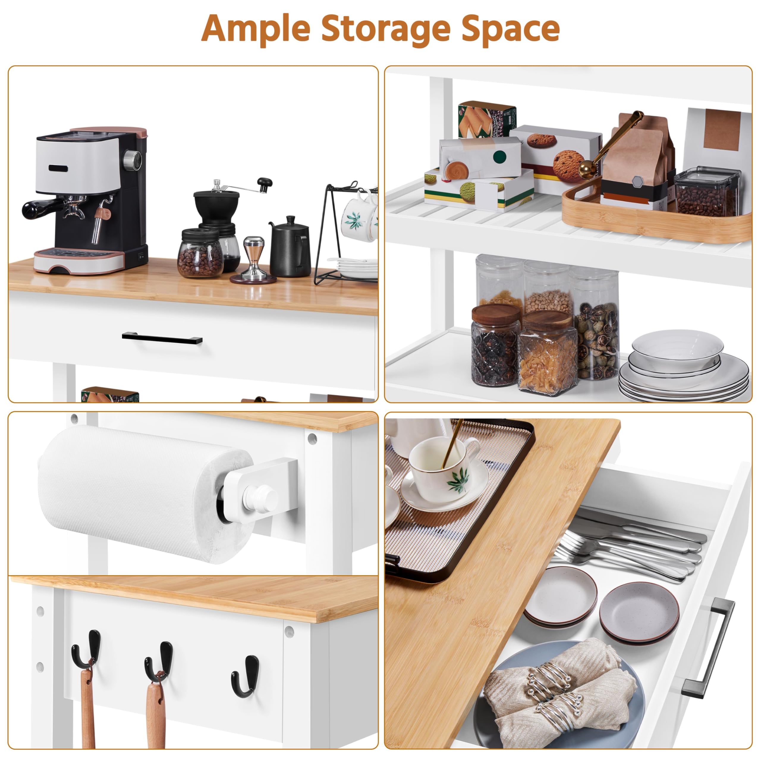 Kitchen Island Cart on Wheels with Drawer, Towel Bar & Hooks