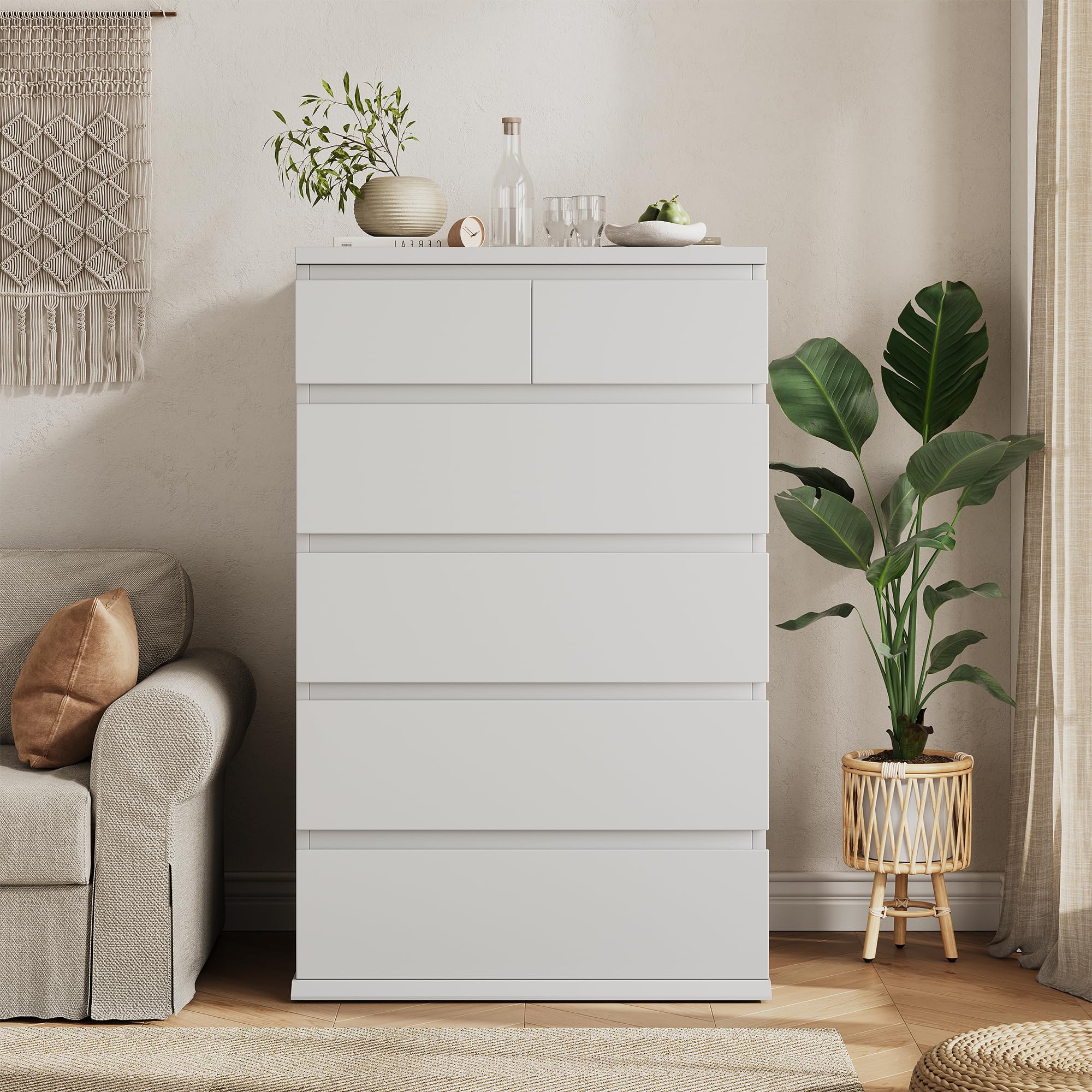 Jocoevol White Tall 6 Drawer Dresser for Bedroom,Dressers & Chests of Drawers with Jewelry Storage,Wood Storage Dresser with Deep Drawers for Living Room Hallway Entryway(40.75" L*23.62" W*15.75")