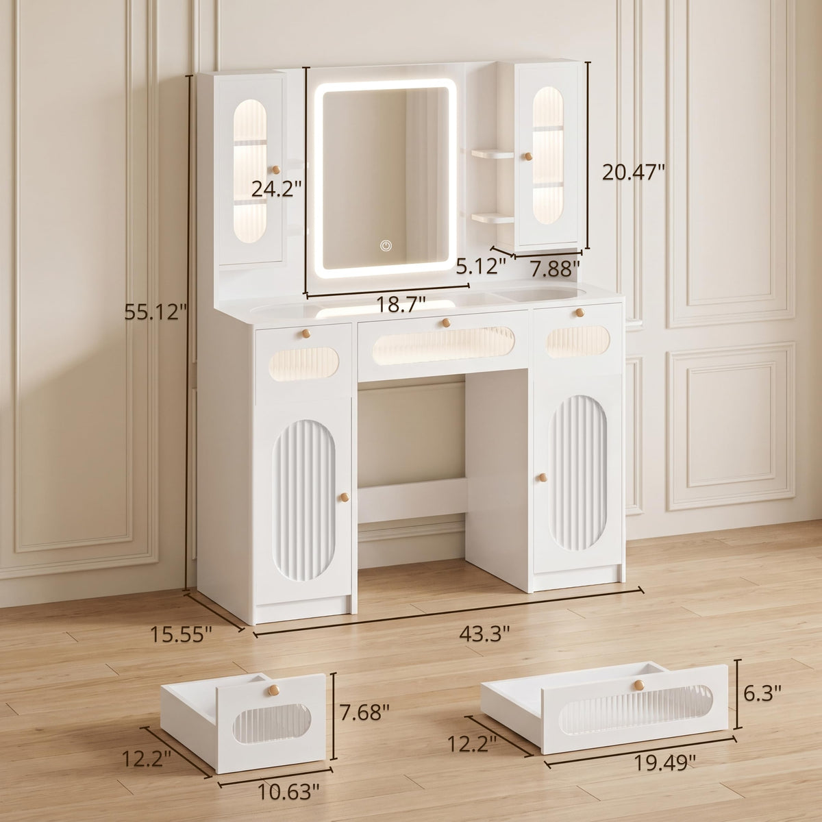 HarborHue 43" Fluted Makeup Vanity Desk with Mirror and Lights for Bedroom