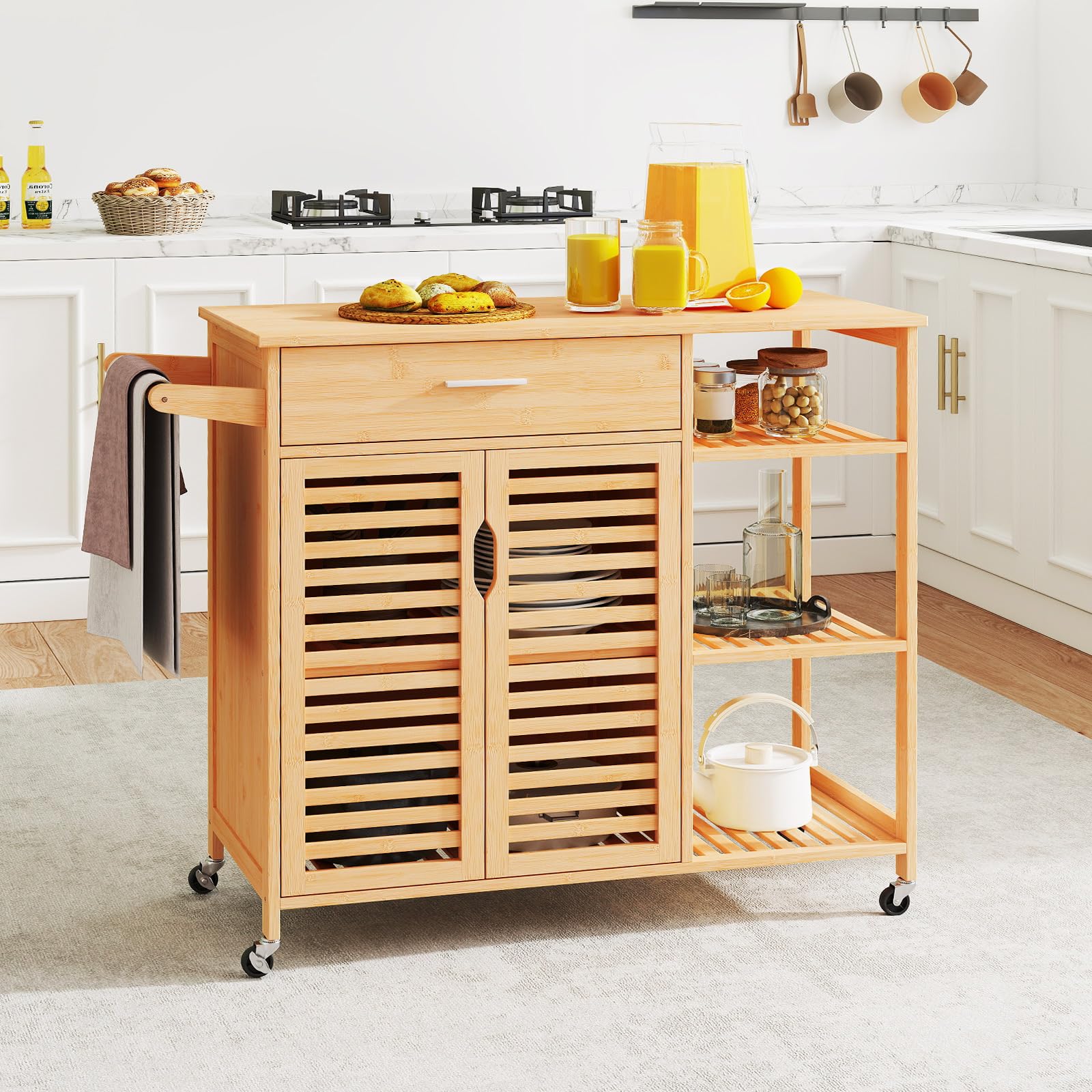Giantex Bamboo Kitchen Island Cart, Mobile Serving Cart with Drawer, 2-Door Storage Cabinet, 3-Tier Shelves & Towel Rack, Rolling Utility Trolley for Dining Room (Natural)