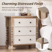 COZAYH Farmhouse 3-Drawer Dresser, Rustic Wood Chest with Turned Legs, Vintage Nightstand Storage Cabinet for Bedroom, Distressed Natural & White Finish, Almost Fully Assembled