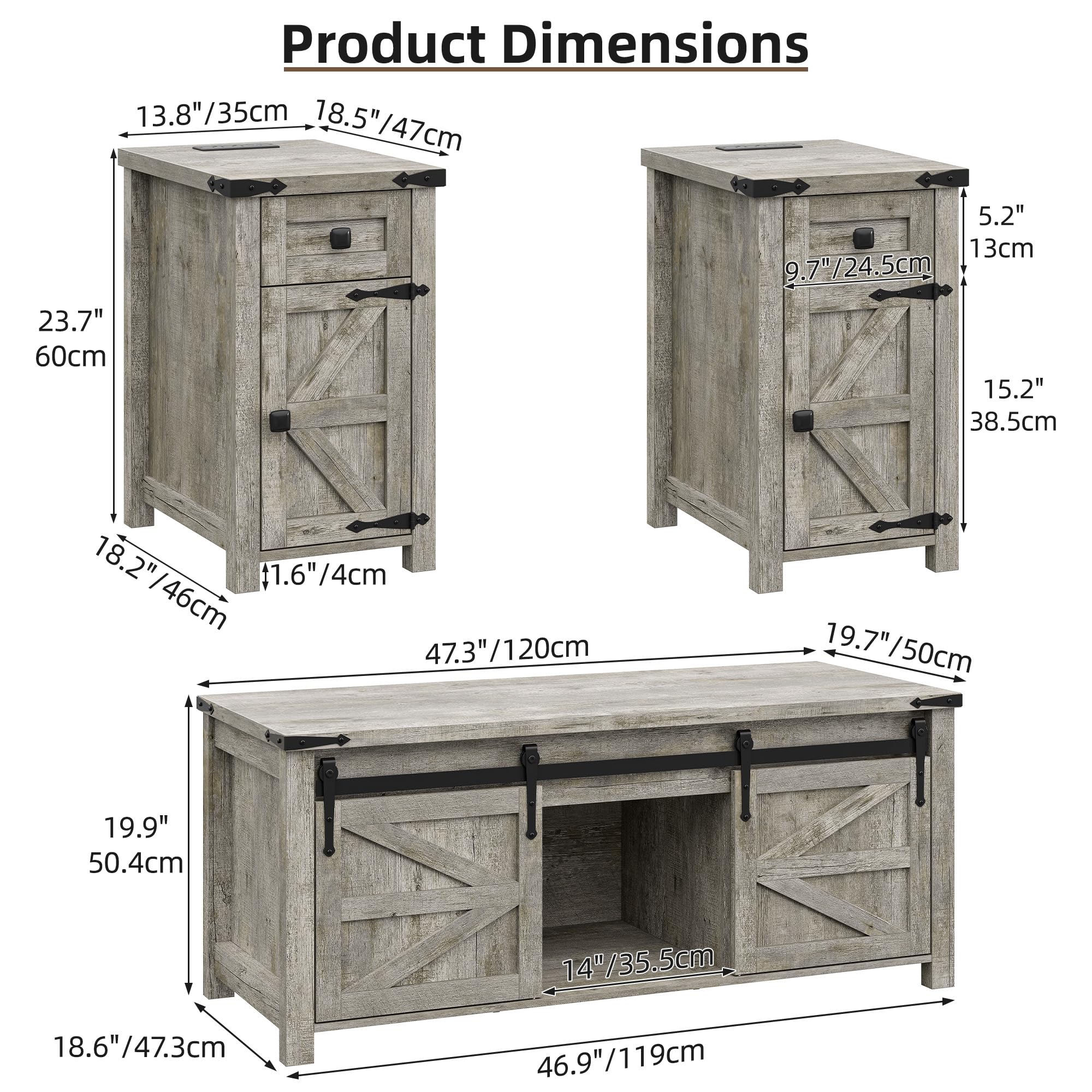 3-Piece Coffee & End Table Set with Charging Station, Oak Grey