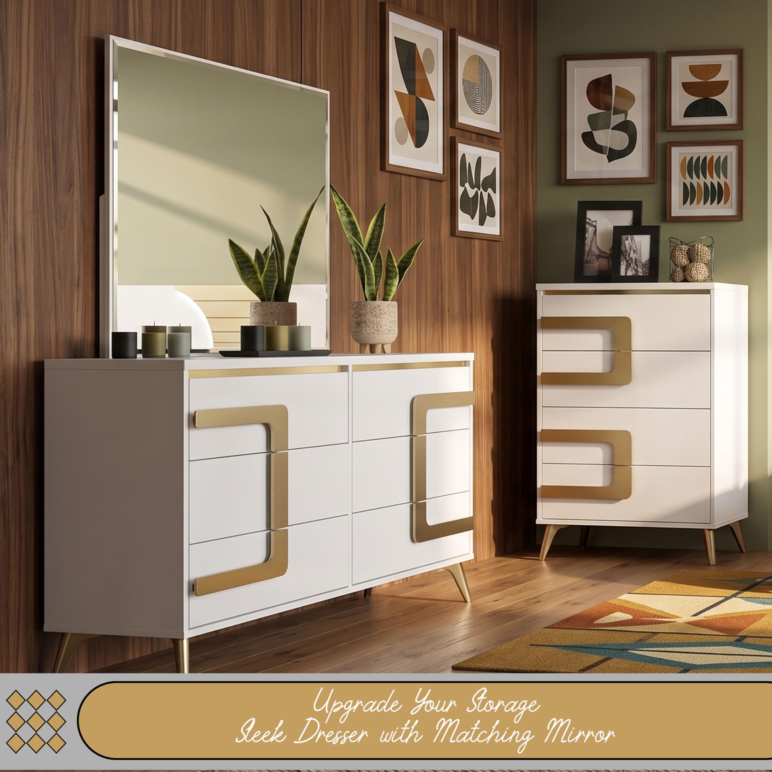 Claire 6-Piece Bedroom Set with LED Headboard – White & Gold