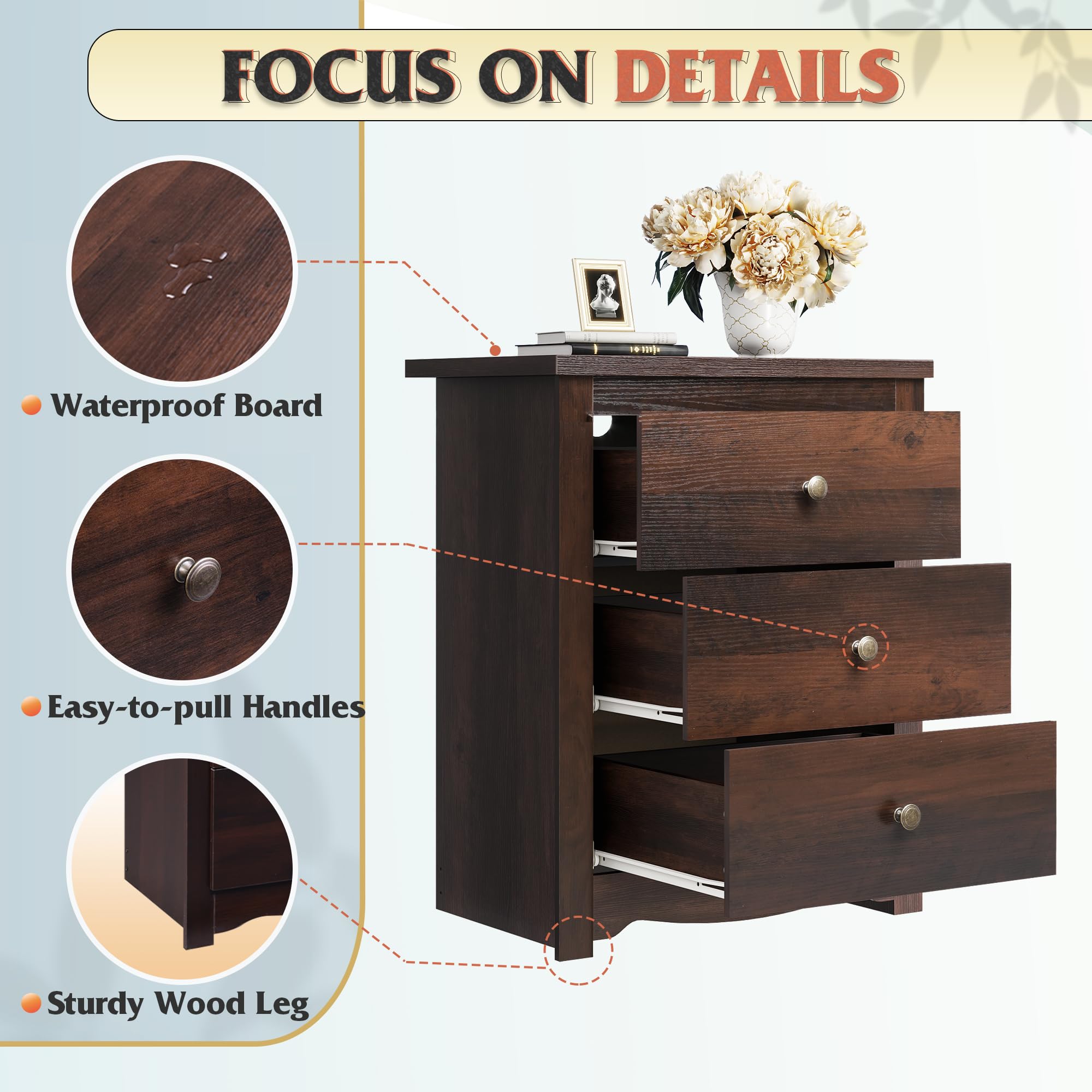 Tall Nightstand with Charging Station & 3 Drawers