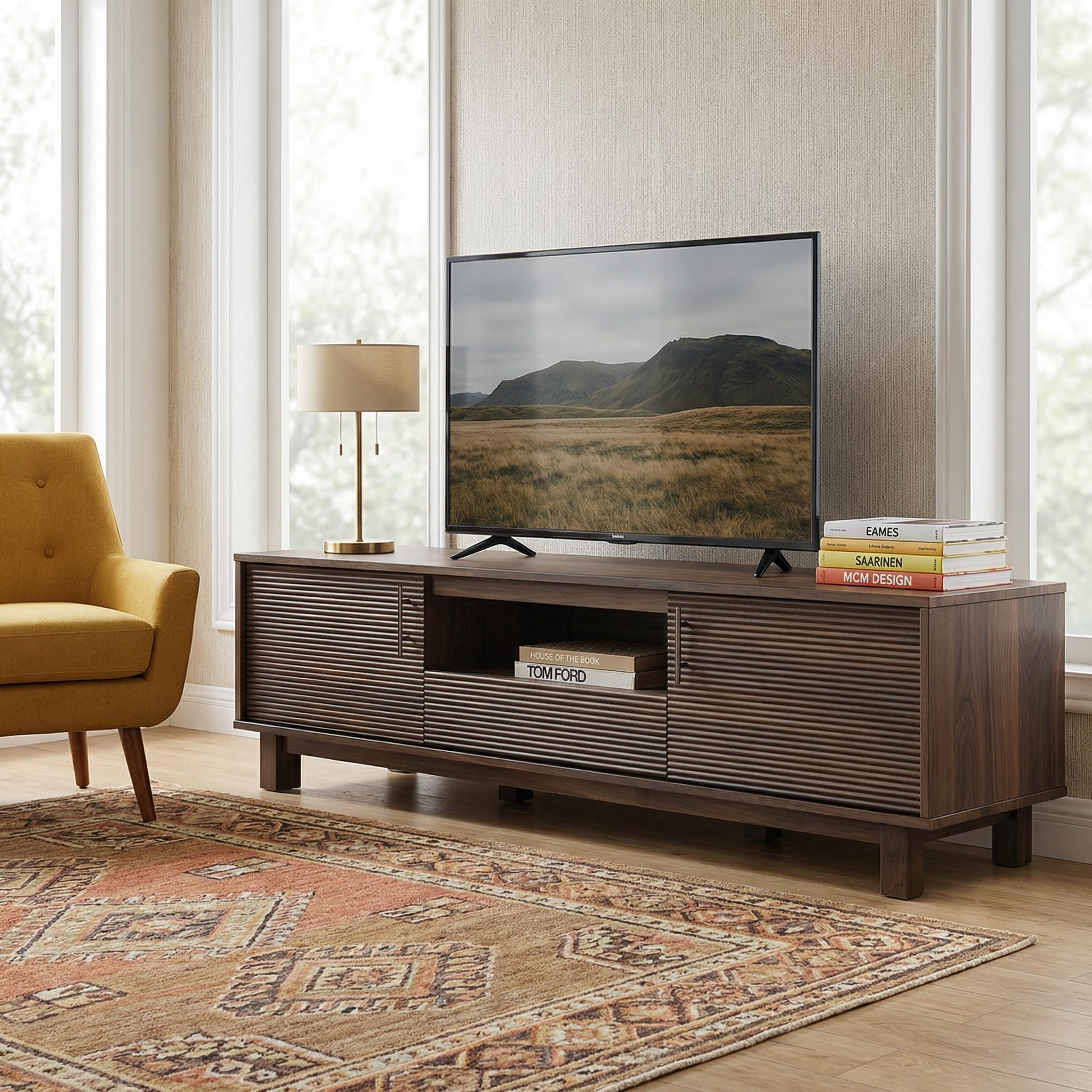 Amada 58" TV Stand for TVs up to 65 Inch, Fluted Entertainment Center with Storage Cabinets and Drawer, Mid Century Modern TV Console for Living Room & Bedroom, Walnut