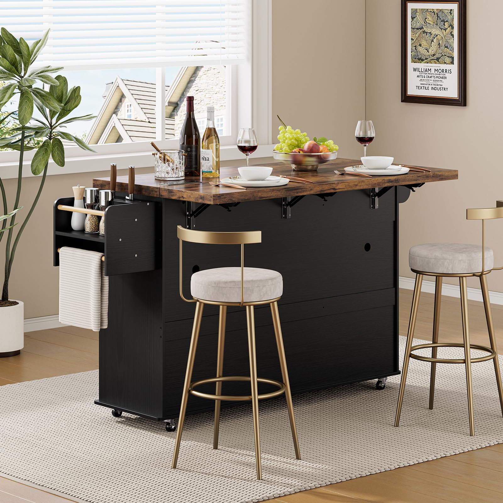 Kitchen Island Cart with Power Outlet & Drop Leaf