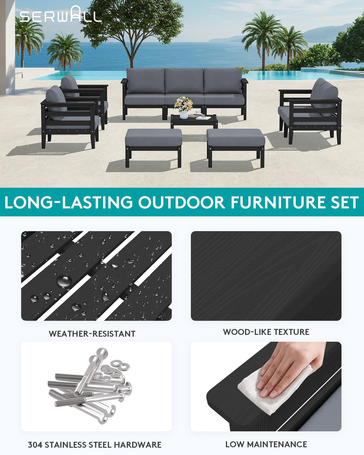 SERWALL HDPE Outdoor Furniture Set, 10 Pieces Patio Sectional Sofa Set