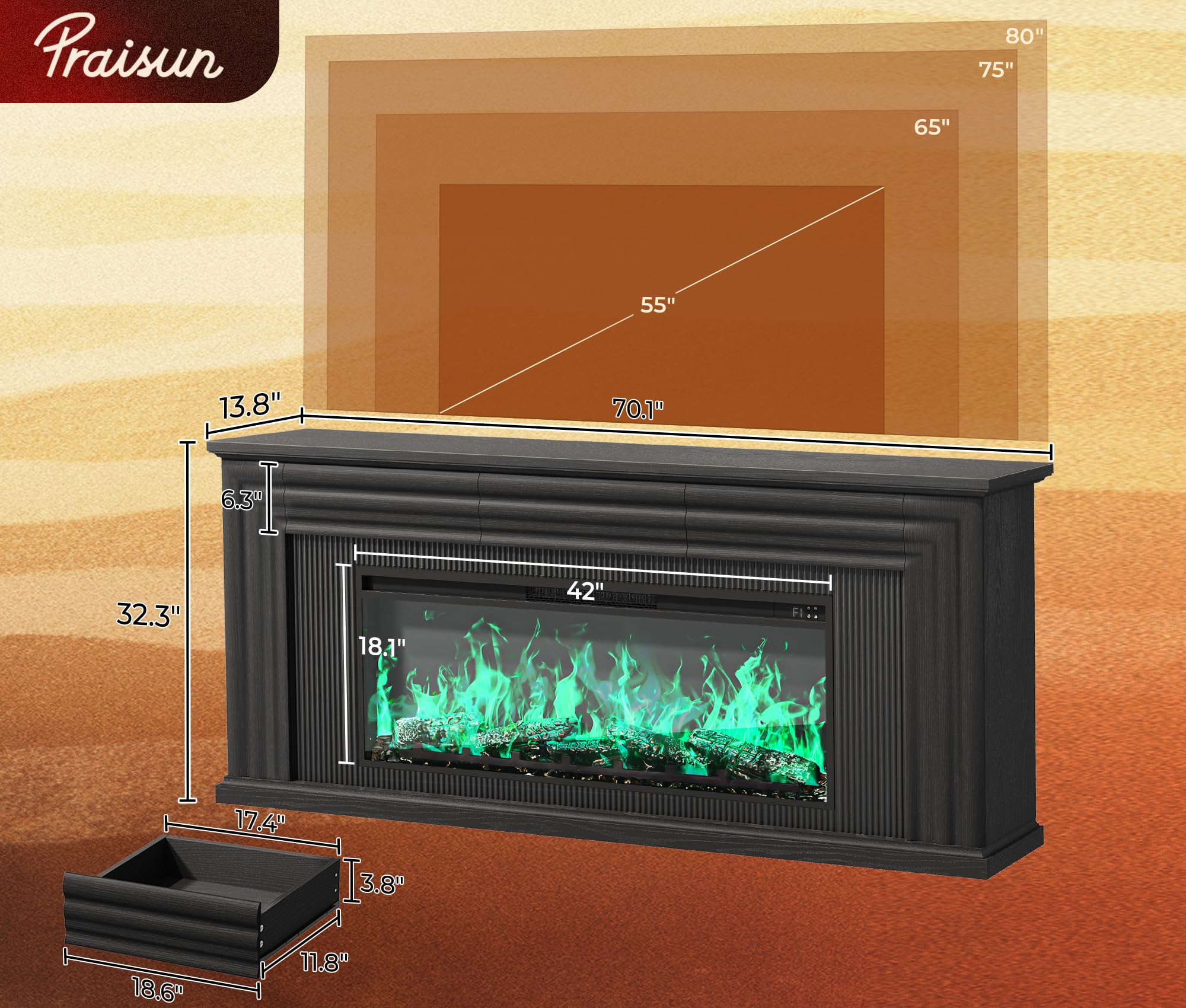 70" Fireplace TV Stand with 42" Electric Fireplace & 3 Drawers