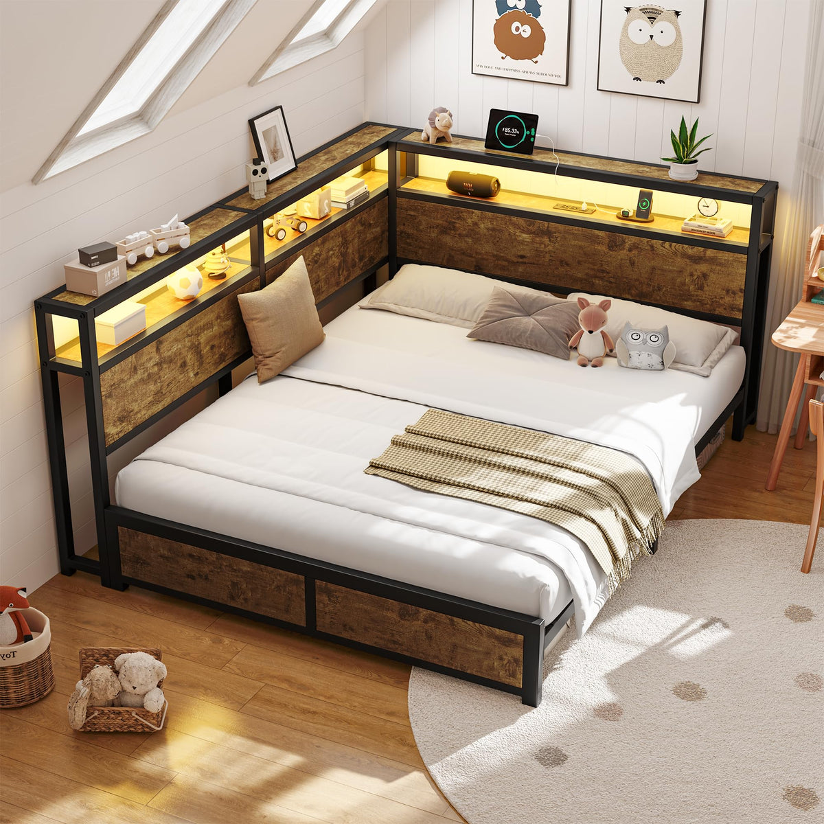 CIKUNASI Queen Corner Bed Frame with Storage Headboard, Metal Platform Bed Frame with LED Light and Charging Station, Queen Daybed for Living Room, Bedroom & Guest Room