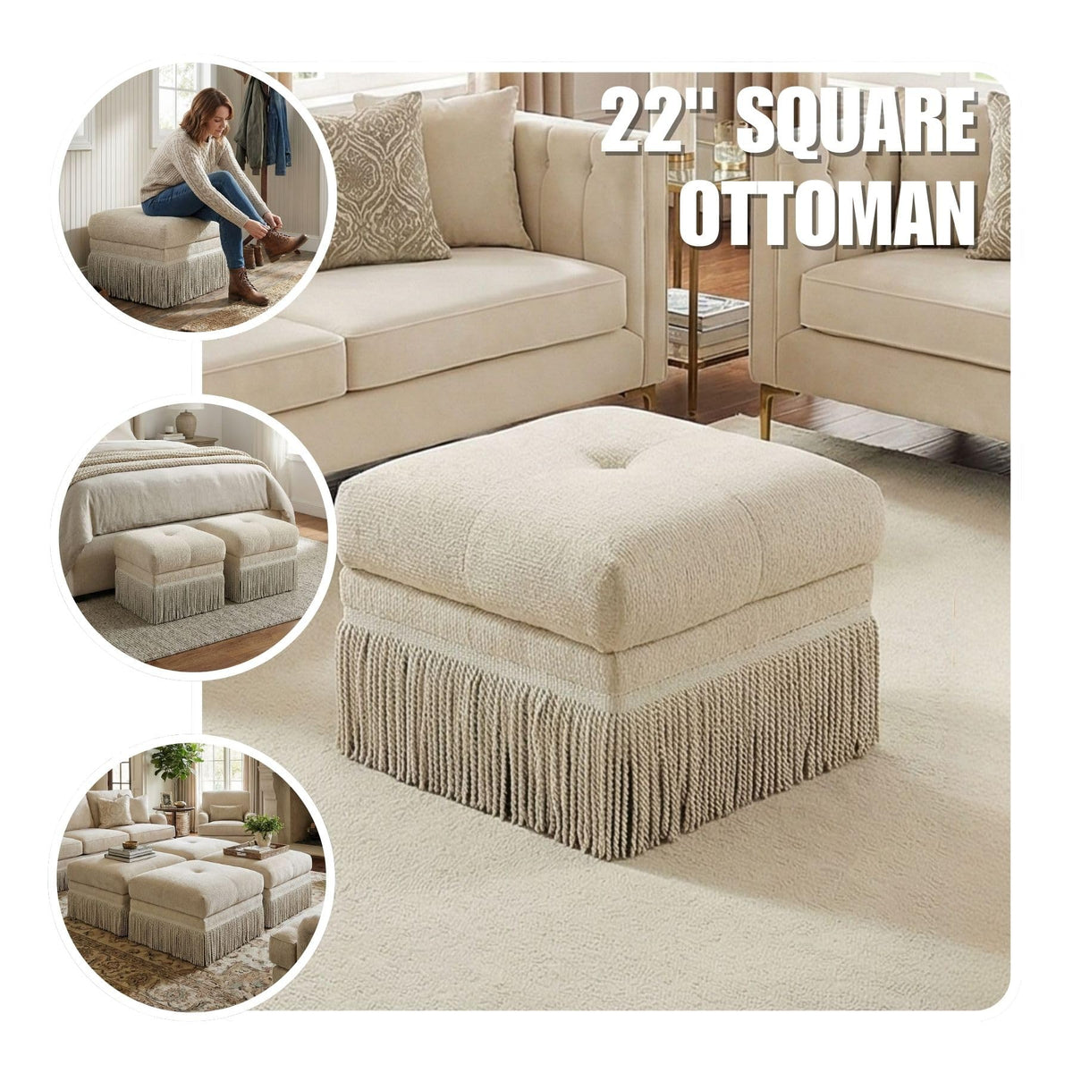 Hyfirm Upholstered Ottoman Footstool with Fringe Skirt, 21.5" Square