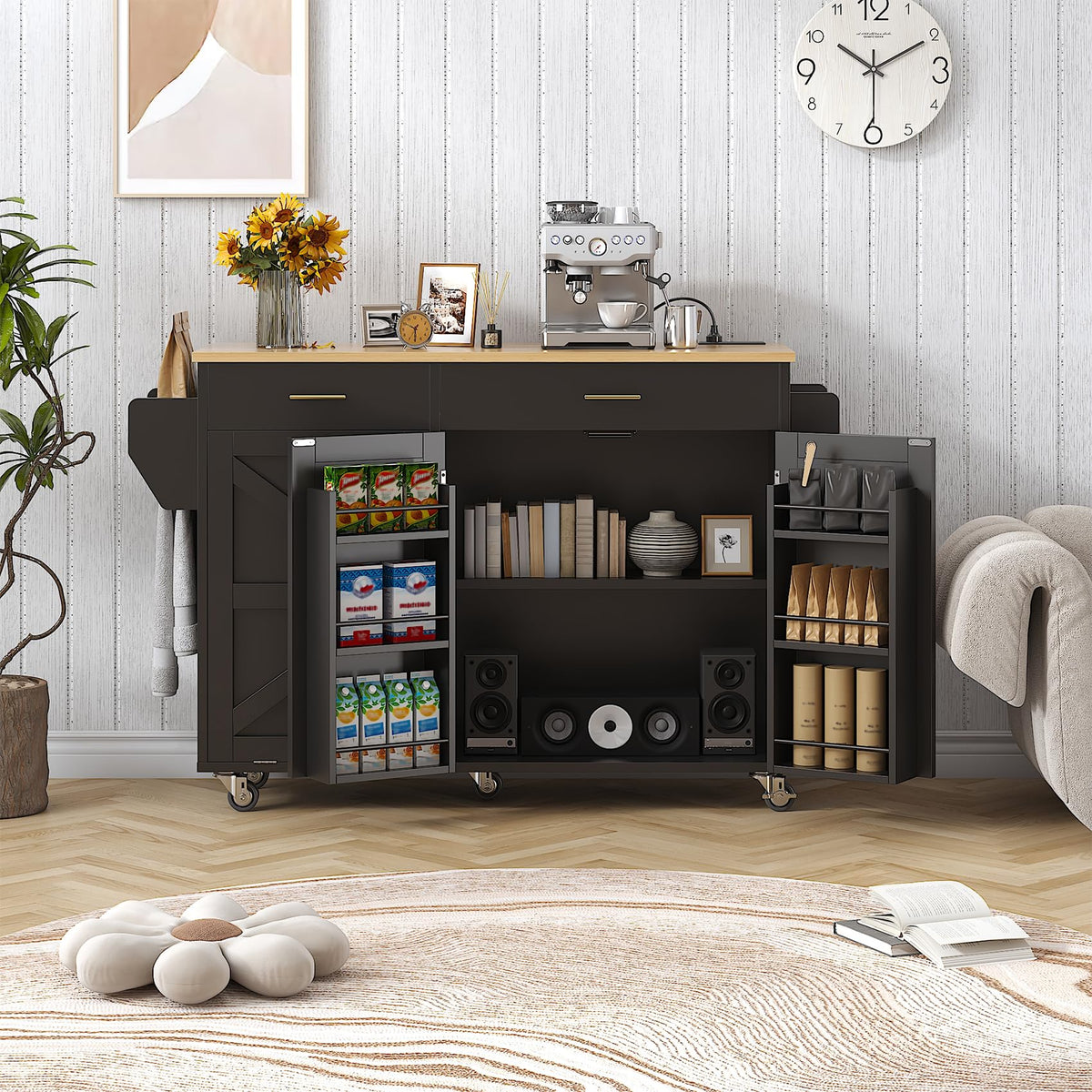 VVFLU 51.8" Kitchen Island Cart with Trash Can Storage, Kitchen Island on Wheels with Power Outlet & Drop Leaf, Rolling Kitchen Cart with Towel Rack & Spice Rack, Mobile Islands Table for Kitchen