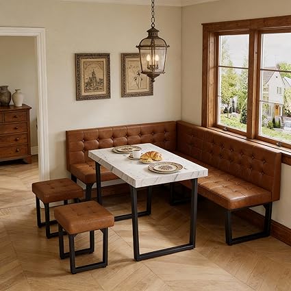 L-Shaped Corner Dining Table Set, 5-Piece with Bench & Stools