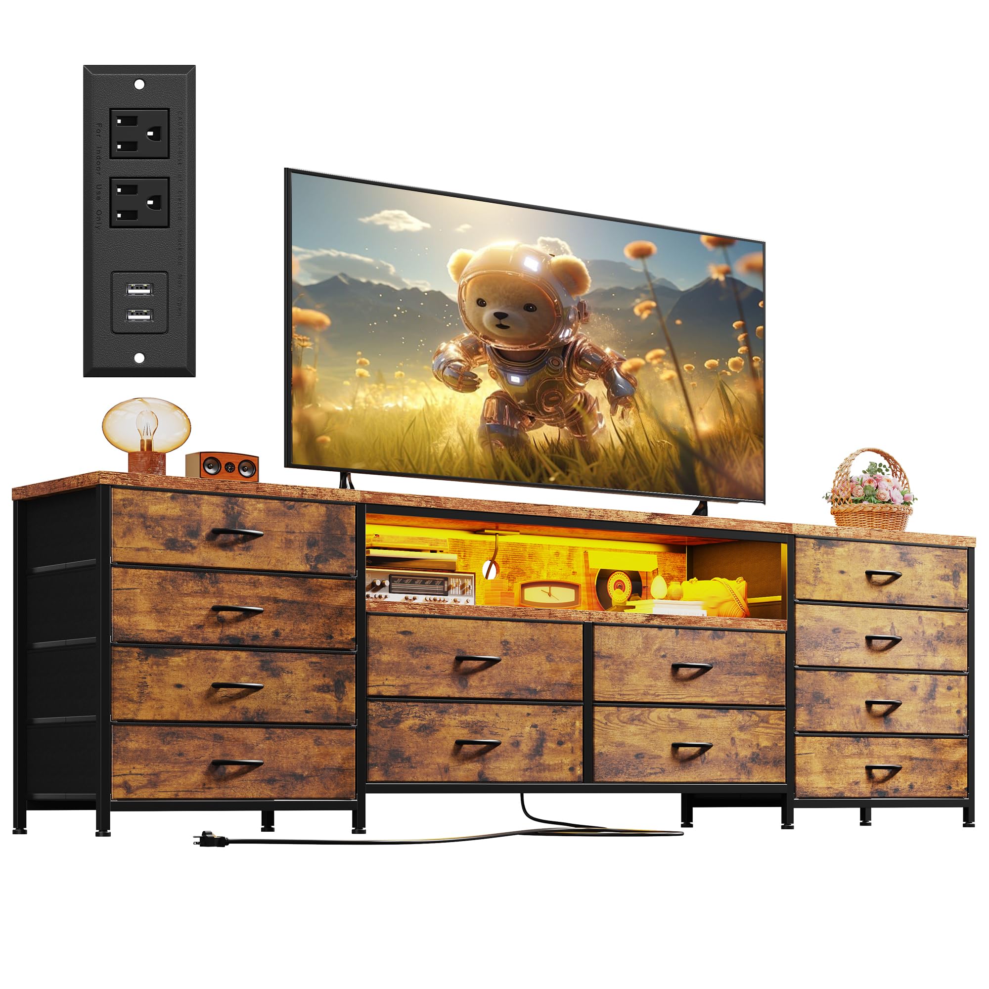 EnHomee 63" W TV Stand Fits 65/70 Inch TV, 12 Drawers Dresser with LED Lights & Power Outlets, Entertainment Center Long Fabric Dresser for Bedroom, Living Room, Hallway, Rustic Brown