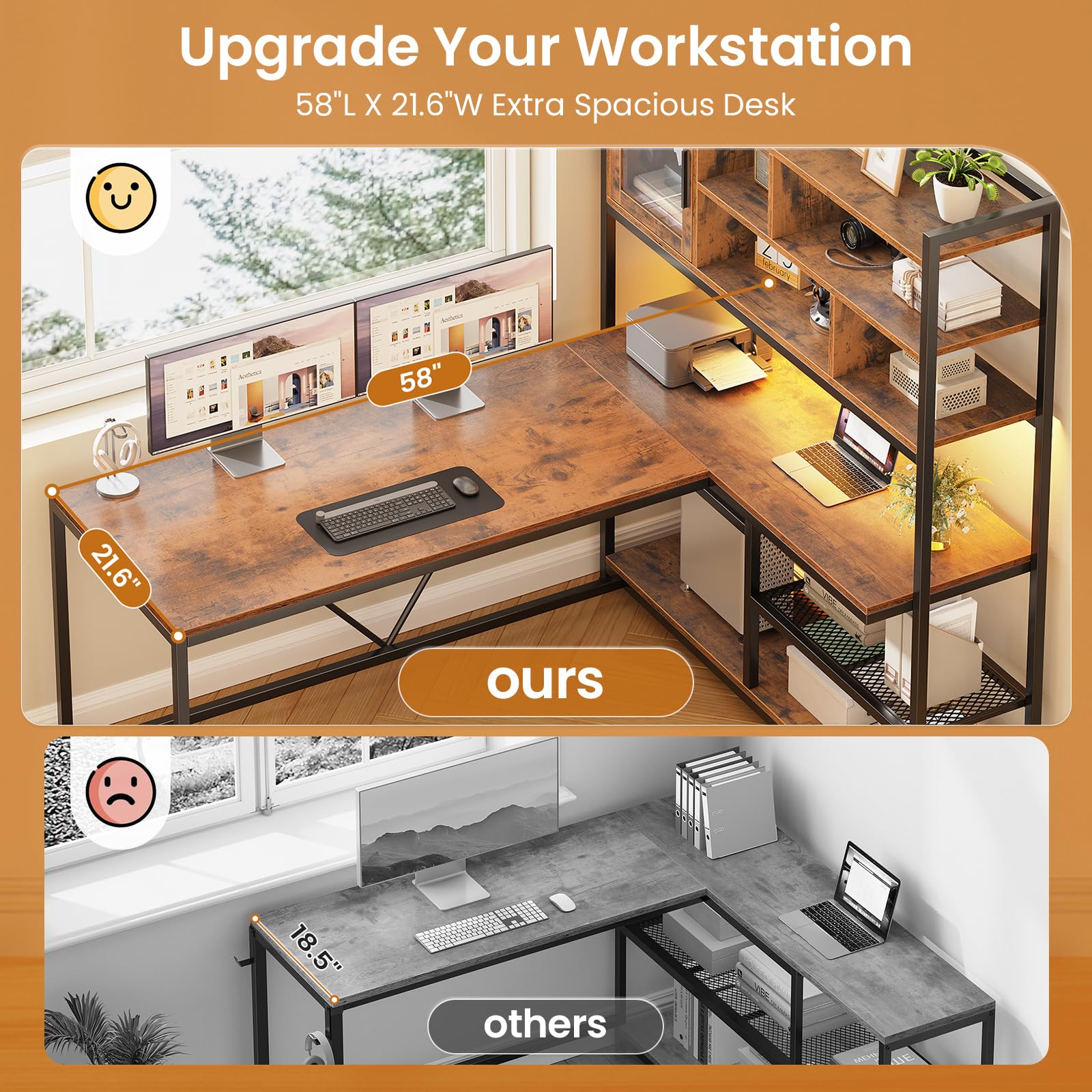 L-Shaped Desk with LED Light & Bookshelf