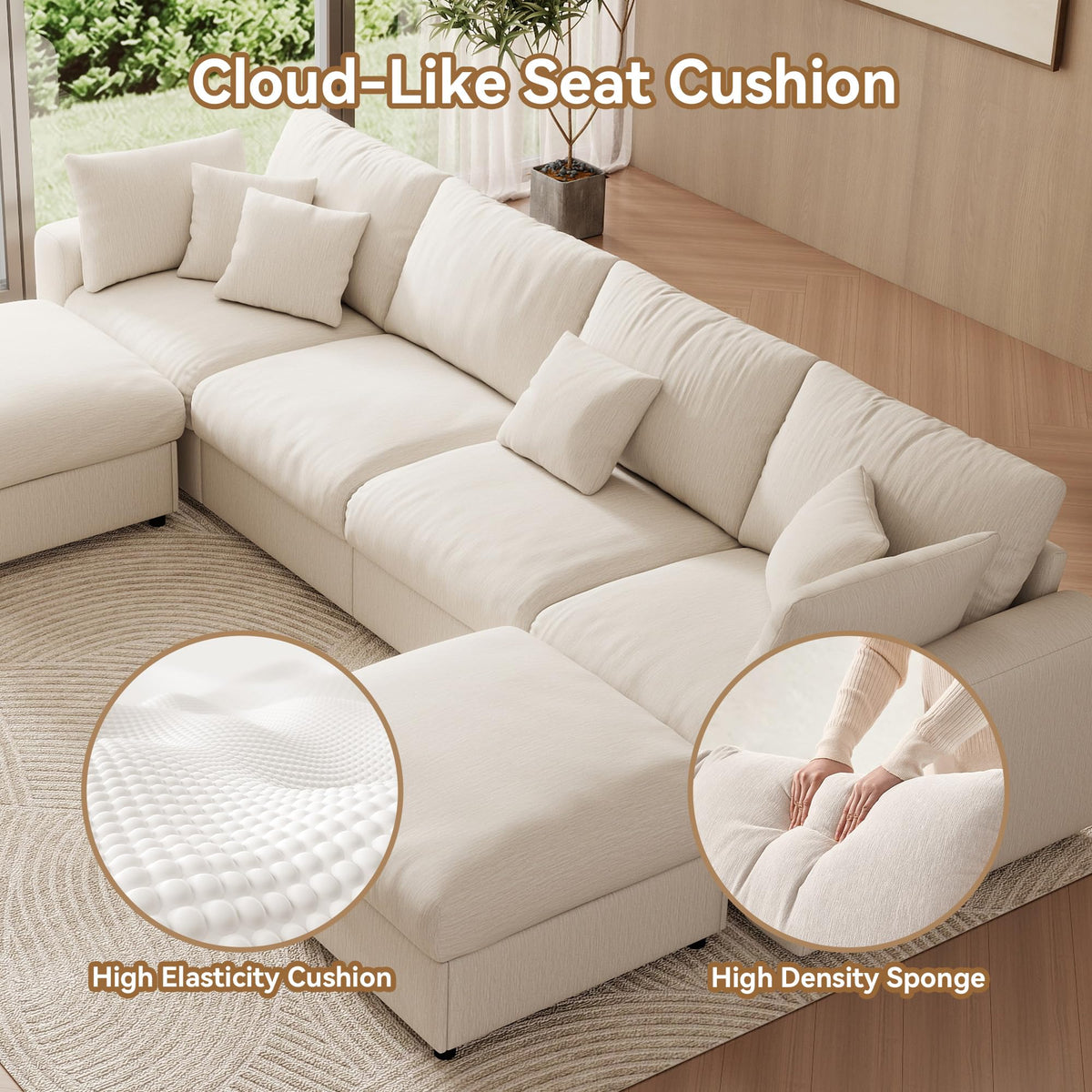WorthFurni 140” Oversized Cloud Sectional Couches for Living Room, Modern Modular Sectional Sofa with Deep Seat, Convertible U Shape Couch with Storage Ottoman for Apartment, Chenille (Warm White)