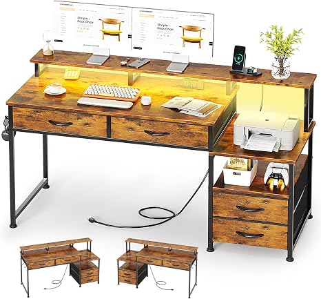 53" Computer Desk with Drawers, LED Lights & Power Outlets