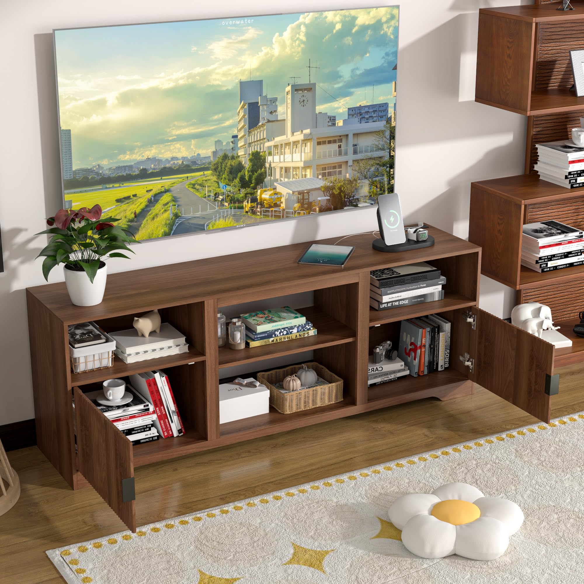 Fluted TV Stand for Tvs up to 80",Mid Century Modern TV Stand with Open Adjustable Shelf,Entertainment Center Wood TV Media Console with Cord Holes for Living Room Furniture Bedroom,Walnut
