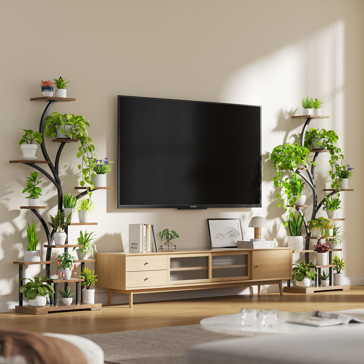 BELLEZE 63 Inch 11-Tier Metal Plant Stand with LED Grow Lights, Tall Indoor Plant Shelf & Corner Flower Display Rack for 15-18 Pots of Large Plants in Living Room, Bedroom, or Balcony (Brown)