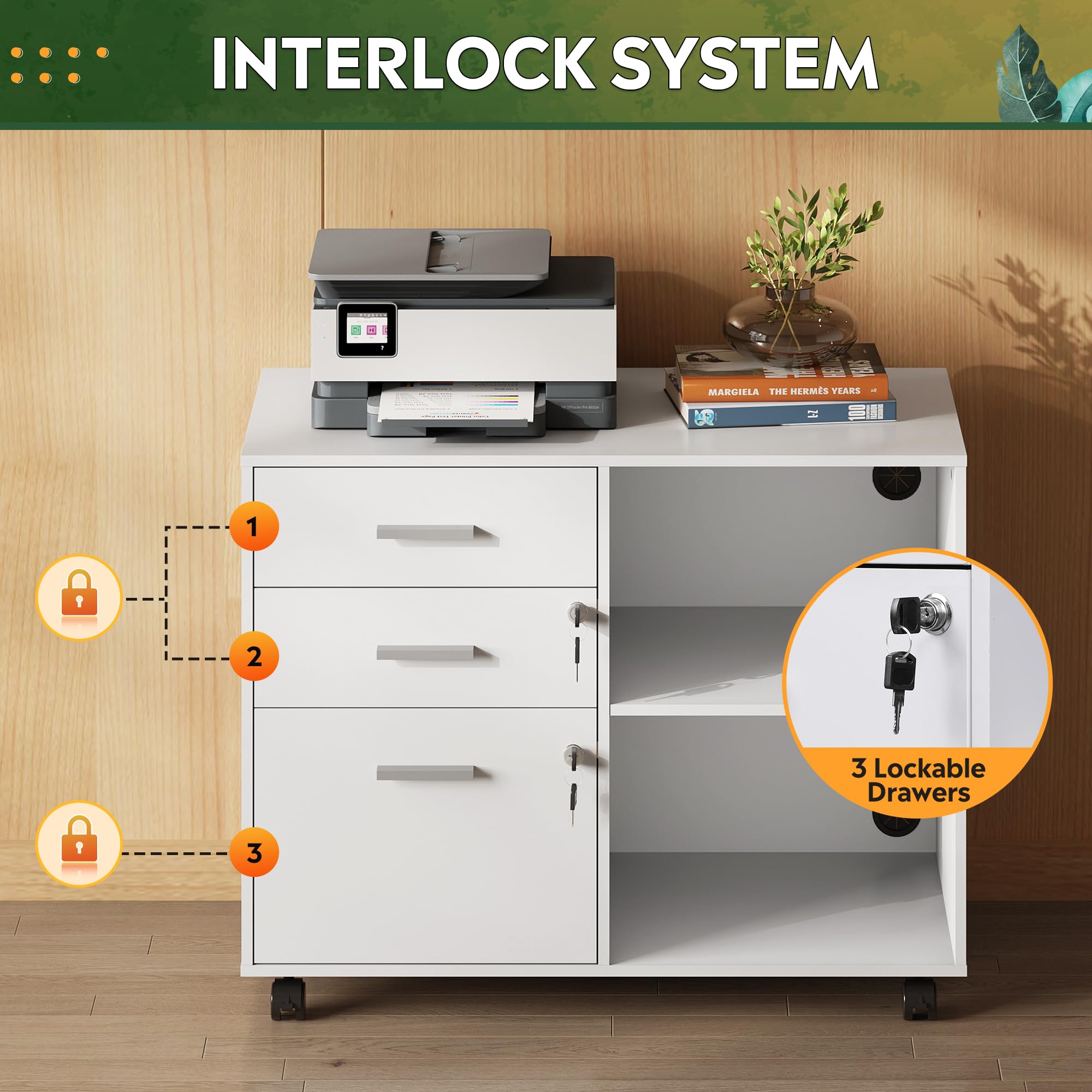 3-Drawer Mobile File Cabinet with Lock