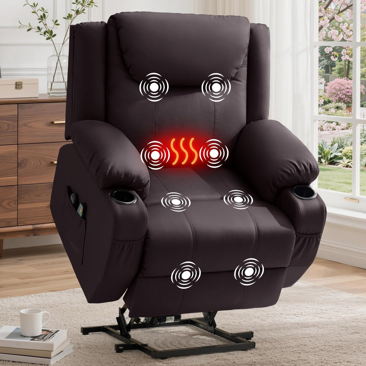 Korser Oversized Power Lift Recliner Chair with Massage and Heat for Elderly, 26" Overstuffed Wide Electric Recliner with 2 Side Pockets, Cup Holders, Lift Chair for Living Room, Faux Leather, Brown