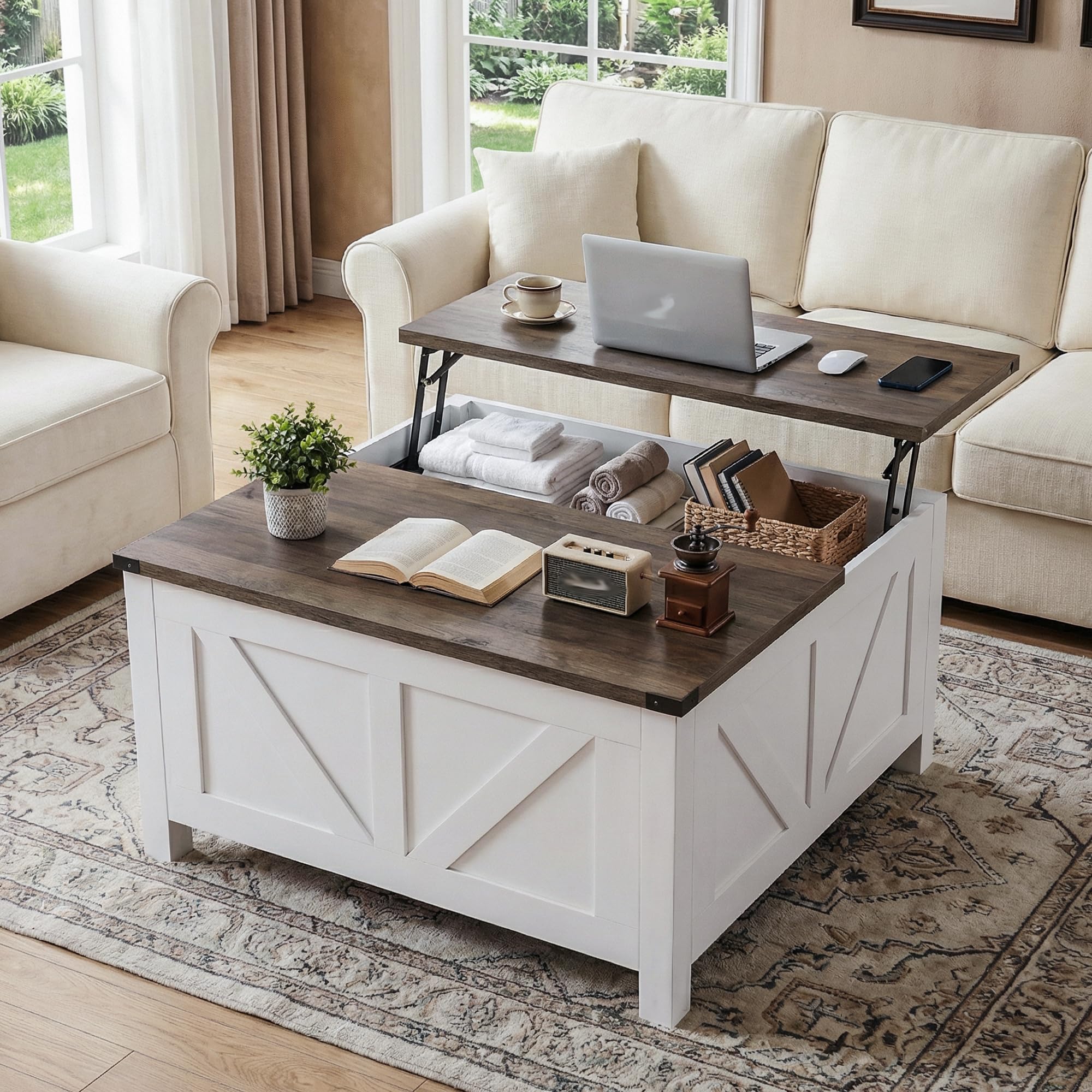 QUYZE 35” Farmhouse Coffee Table with Large Storage, Rustic Wood Lift Top Coffee Table for Living Room, Square Center Table with Charging Station&USB, Modern Port Pottery Barn Lift top Table