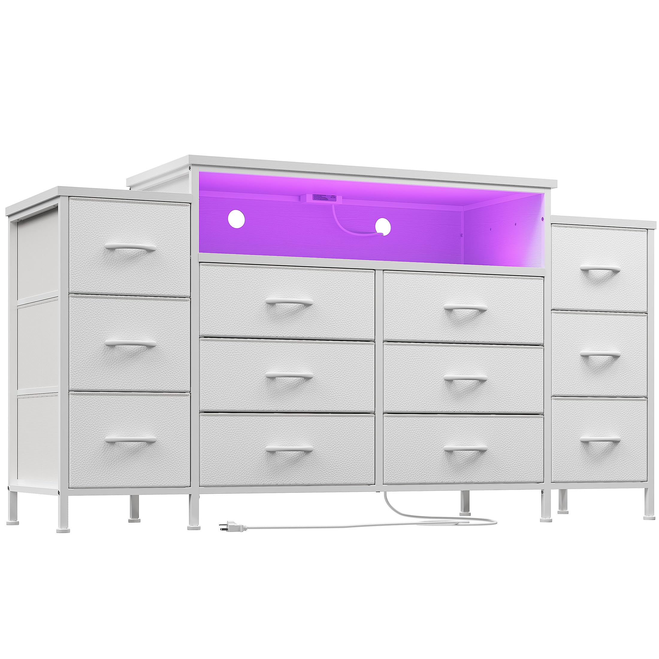 EnHomee 55" W Dresser for Bedroom with LED Lights & Charging Station 12 Drawer Dressers & Chests of Drawers Dresser TV Stand for Bedroom for Hanging 65" TV, Metal Frame & Fabric Drawers, White