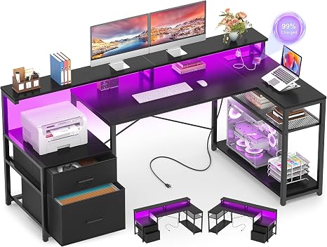 L-Shaped Desk with File Drawer, Power Outlet & LED Strip