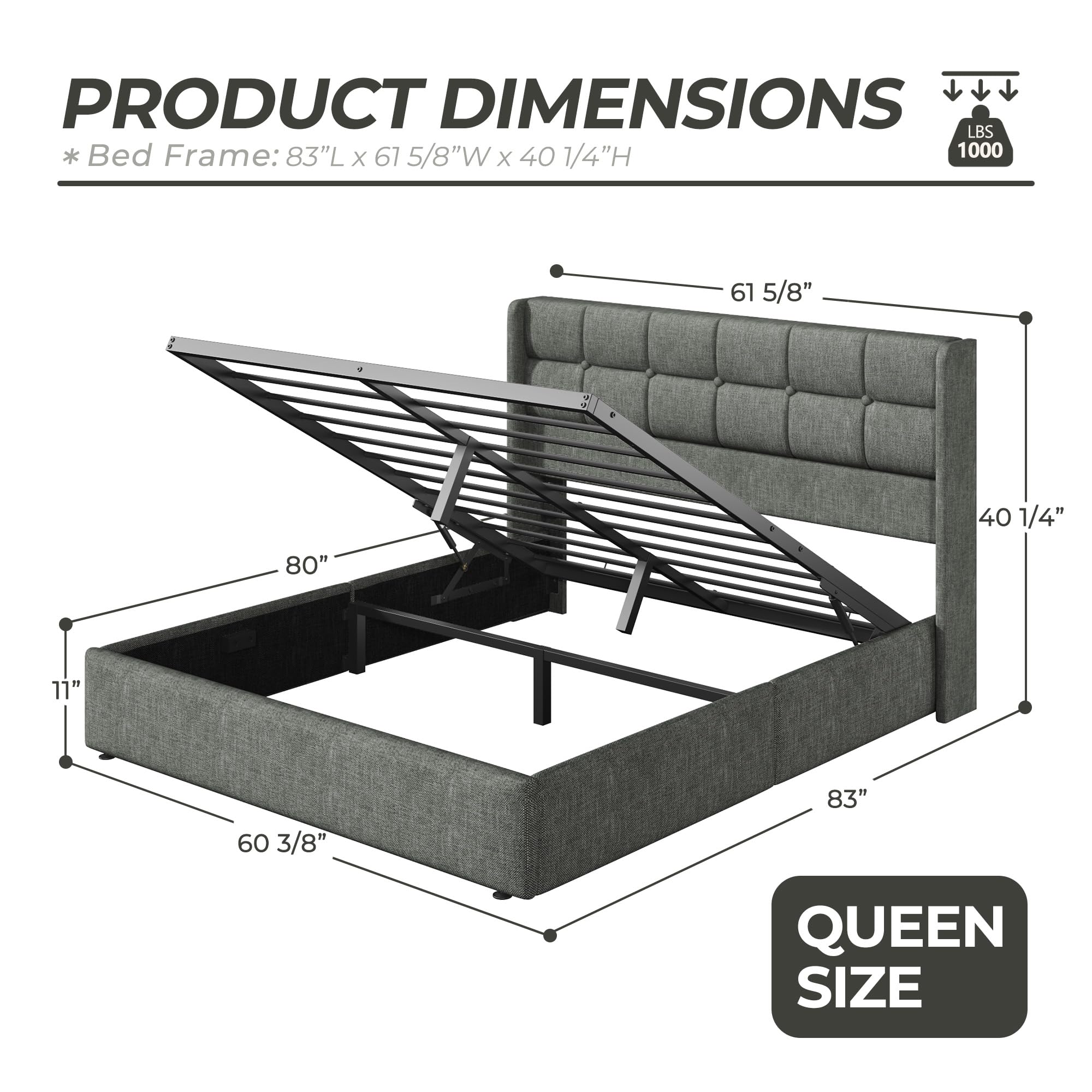 HISOFT Queen Size Lift Up Storage Bed Frame, Linen Upholstered Platform Bed with Wingback Headboard, Heavy Duty Hydraulic Gas Lift Underbed Space, Reinforced Full Metal Slats, Noise Free, Grey