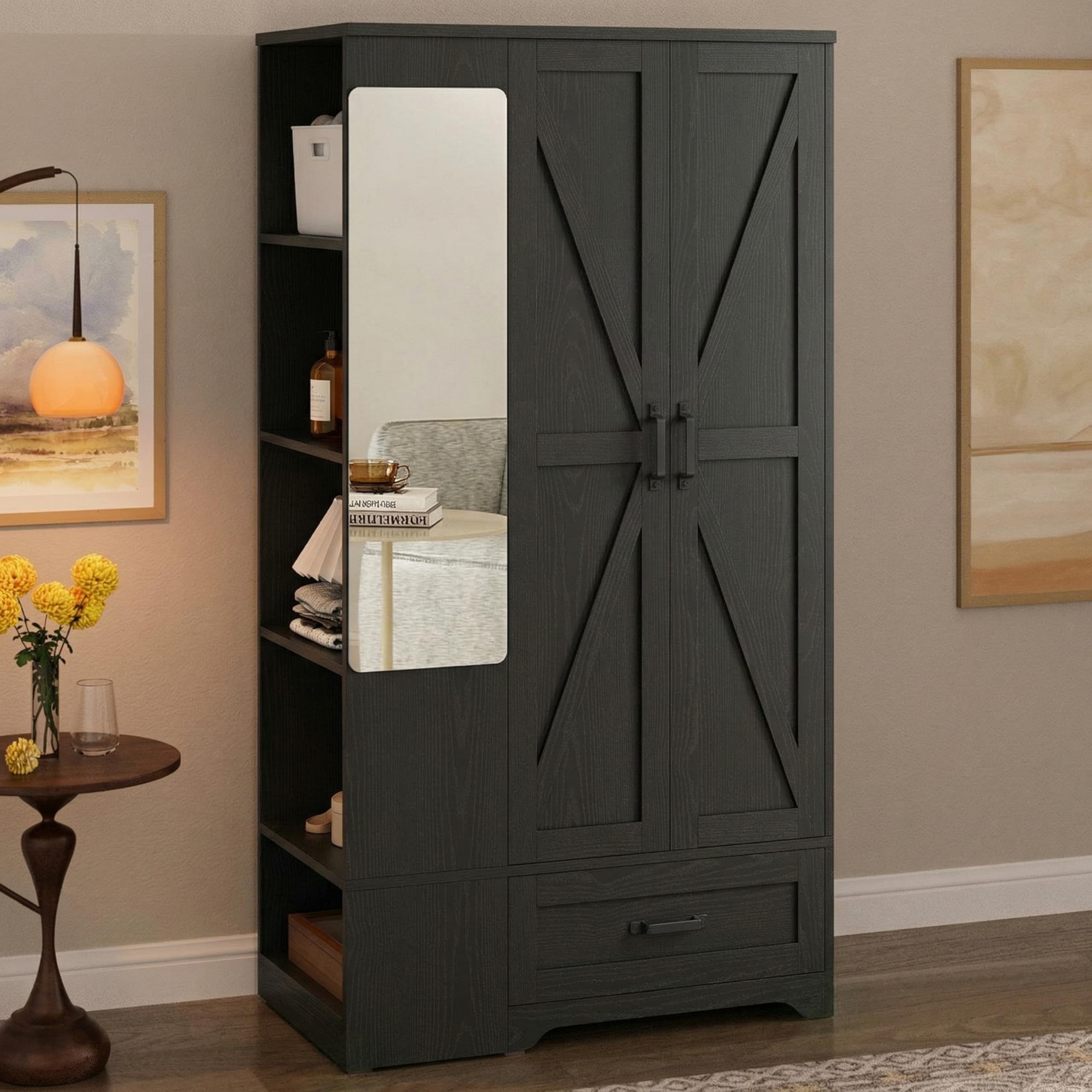 Barn Door Wardrobe Closet with Mirror, Shelves & Drawer