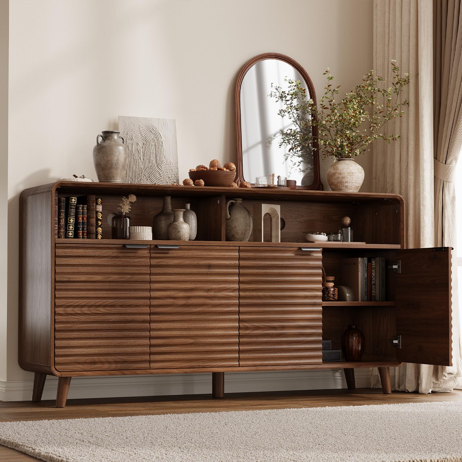 Lefurture 61" Sideboard Buffet Cabinet with Open Storage & 4 Doors, Large Coffee Bar Cabinet with Adjustable Shelves, Mid Century Modern Fluted Buffet Cabinet for Kitchen, Living Room, Walnut