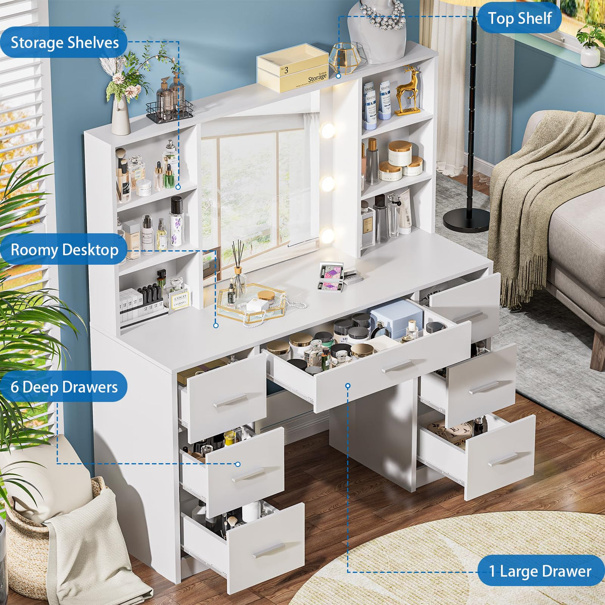 DDONGMM Vanity Desk with Lighted Mirror & Power Outlet, Makeup Vanity with 7 Drawers and 6 Storage Shelves, Bedroom Dressing Table with 3 Lighting Modes & Brightness Adjustable for Girls, Women, White