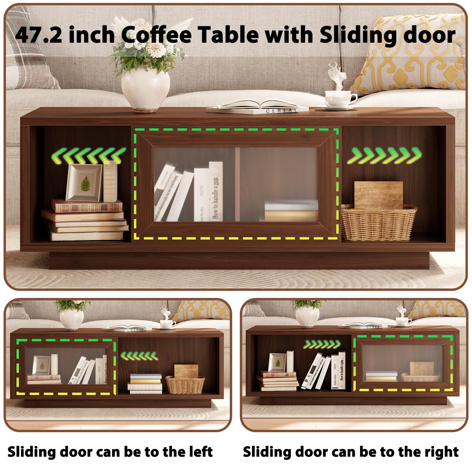 HSH Walnut Coffee Table for Living Room, 47 Inch Modern Wood Rectangle Coffee Tables with Sliding Door and Storage Open Shelf, Large Low Center Table for Home Decor