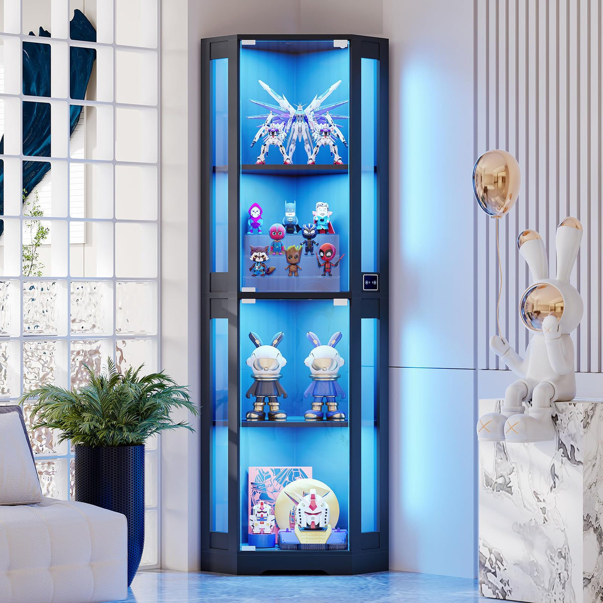 BROTTAR 65" Corner Display Cabinet with Glass Doors & LED Lights, Black