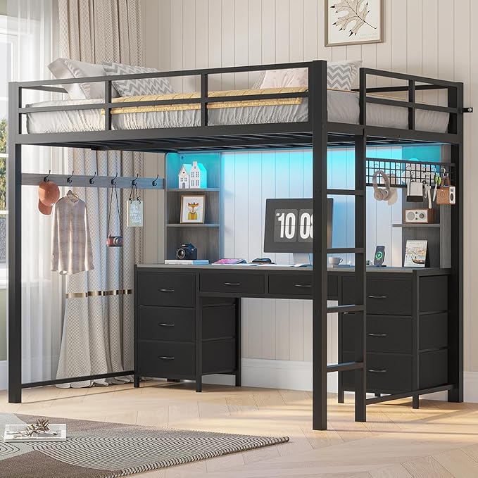 Full Size Loft Bed with Desk, Storage Drawers & LED Lights
