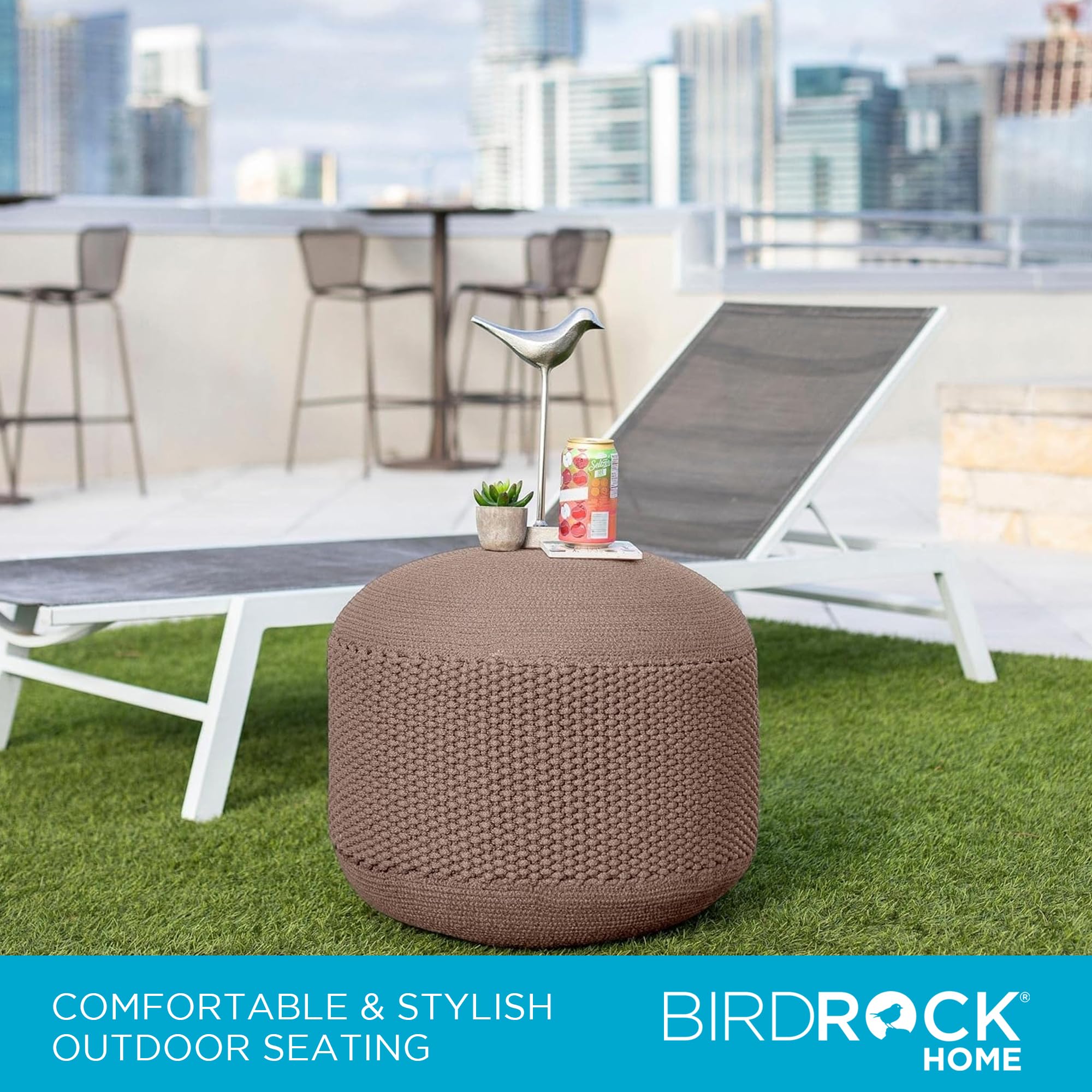 BIRDROCK HOME Outdoor Pouf Ottoman | Hand Woven Waterproof Foot Stool with Bead Bag Filling | Boho Foot Rest for Patio, Living Room, Porch & Outdoor Seating | Lightweight, Soft Stuffed Chair | Brown