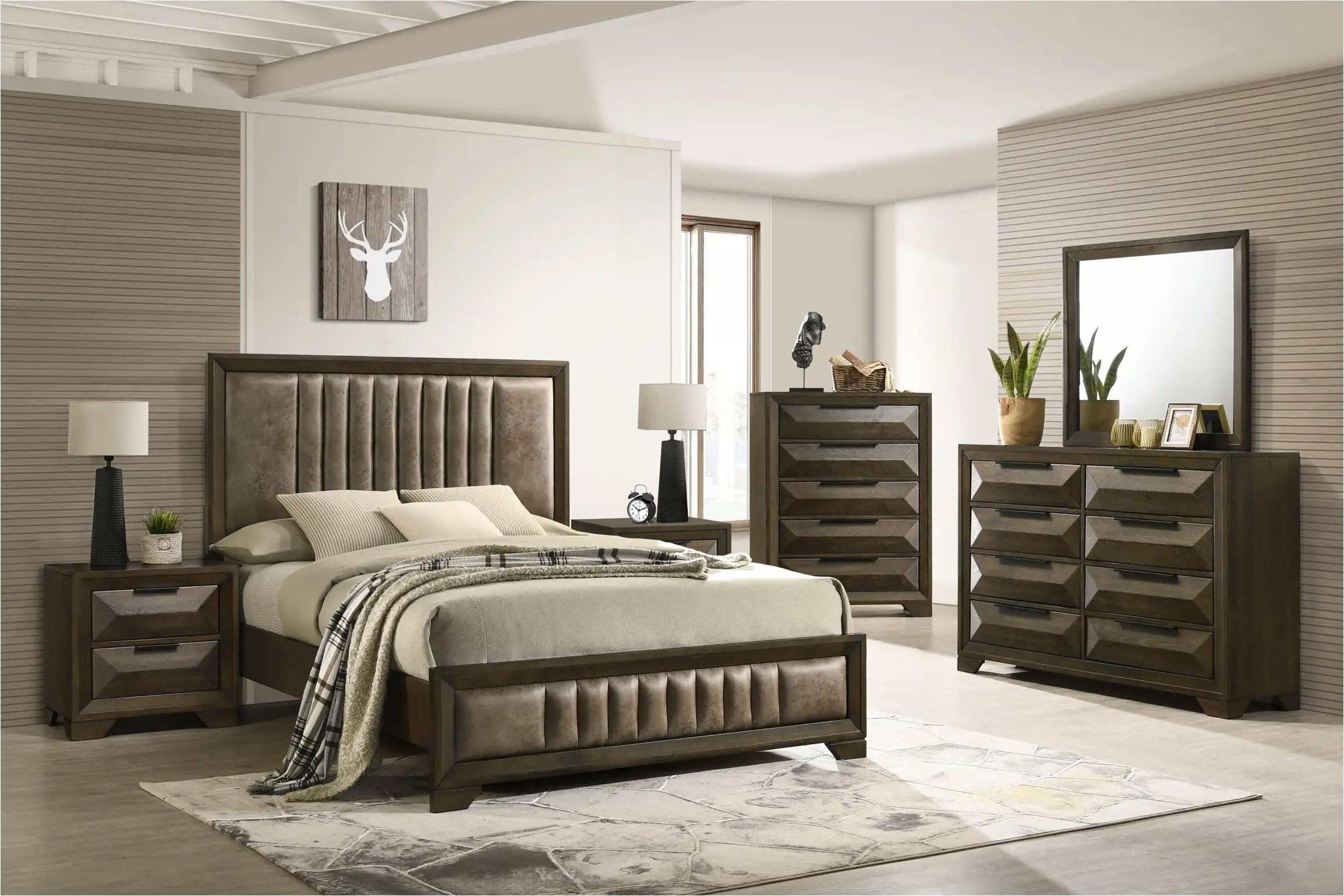 6-Piece Walnut Bedroom Set with Upholstered Bed Frame