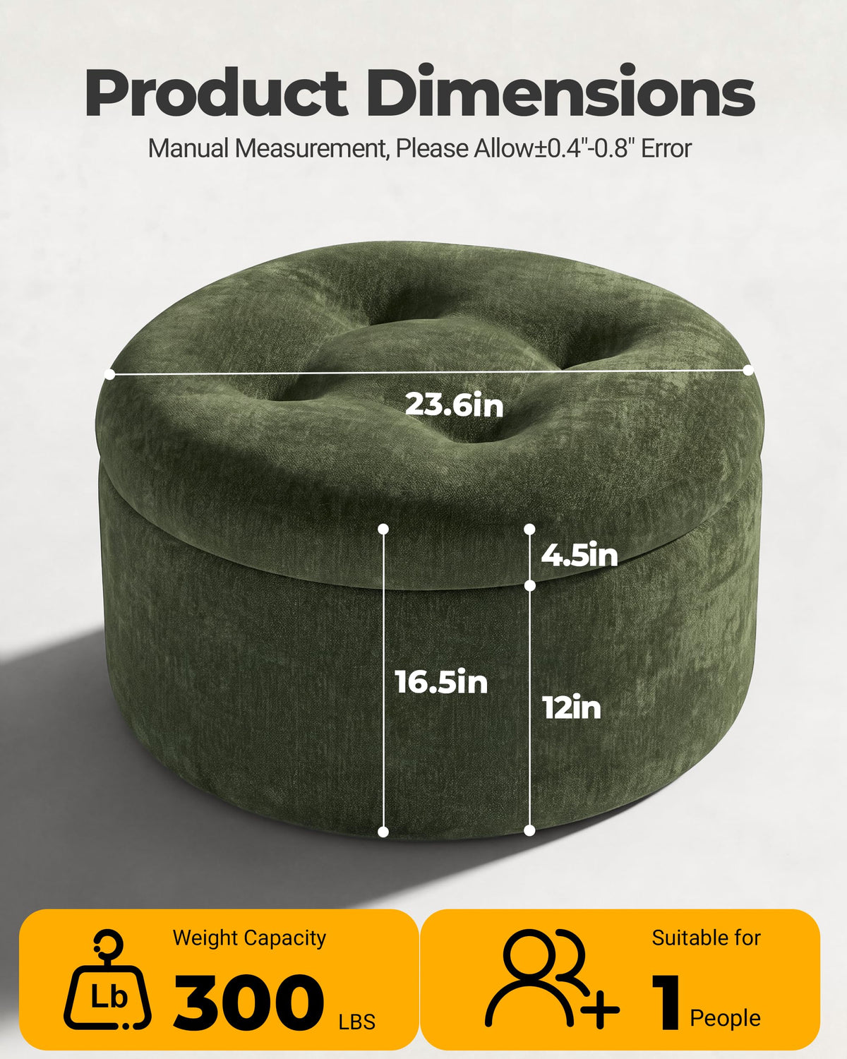 Fabulcozy 23.6in Round Pouf Ottoman, Chenille Ottoman Foot Rest with Dual‑Layer Support, Large Plush Pouf with Soft Chunk‑Foam Top & Firm Foam Base, Floor Foot Stool for Living Room, Green