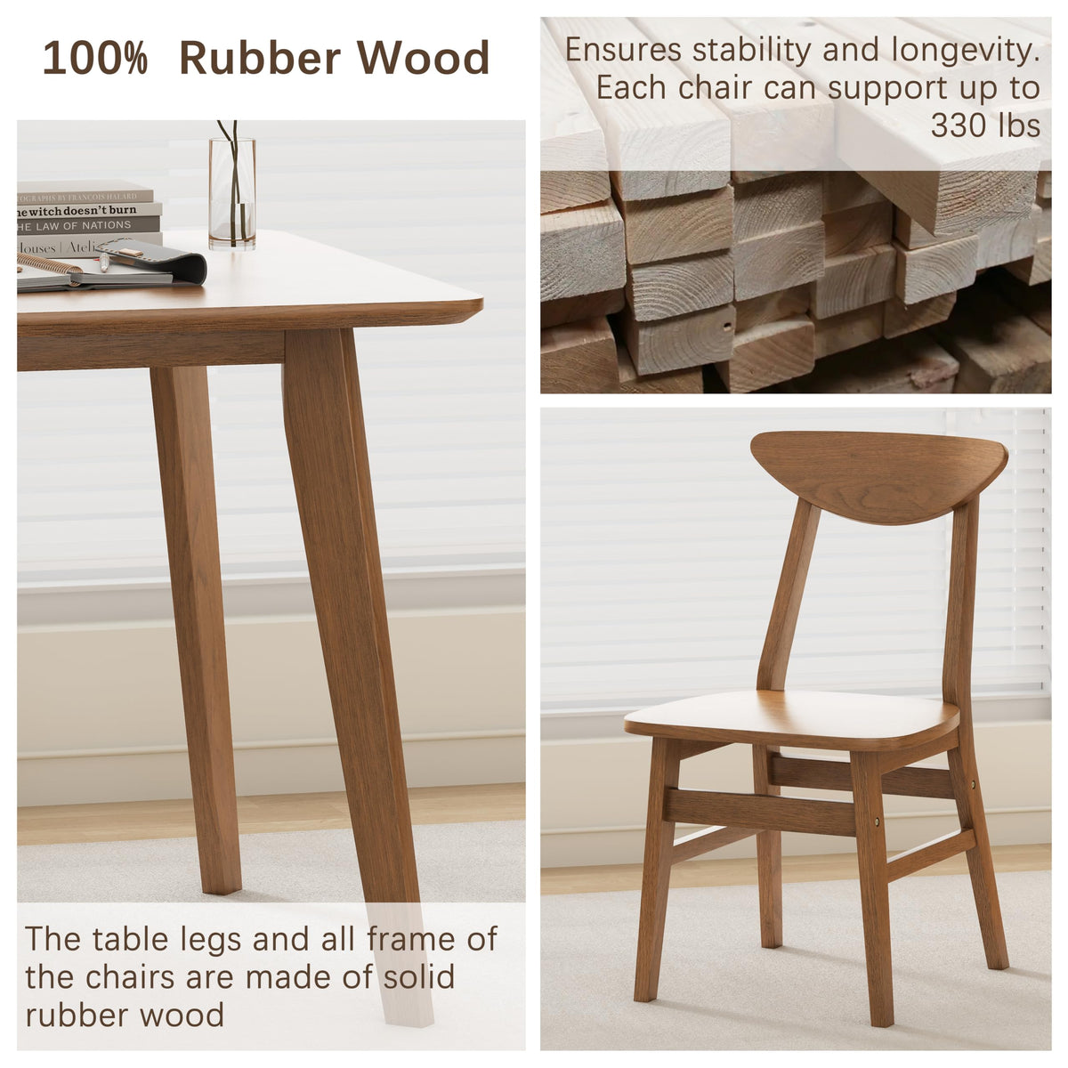 WiberWi 5 Piece Dining Table Set for 4, Solid Wood Kitchen Table Chairs Set of 4, 43.3” Space-Saving Mid Century Modern Dining Room Table, Walnut Home Furniture