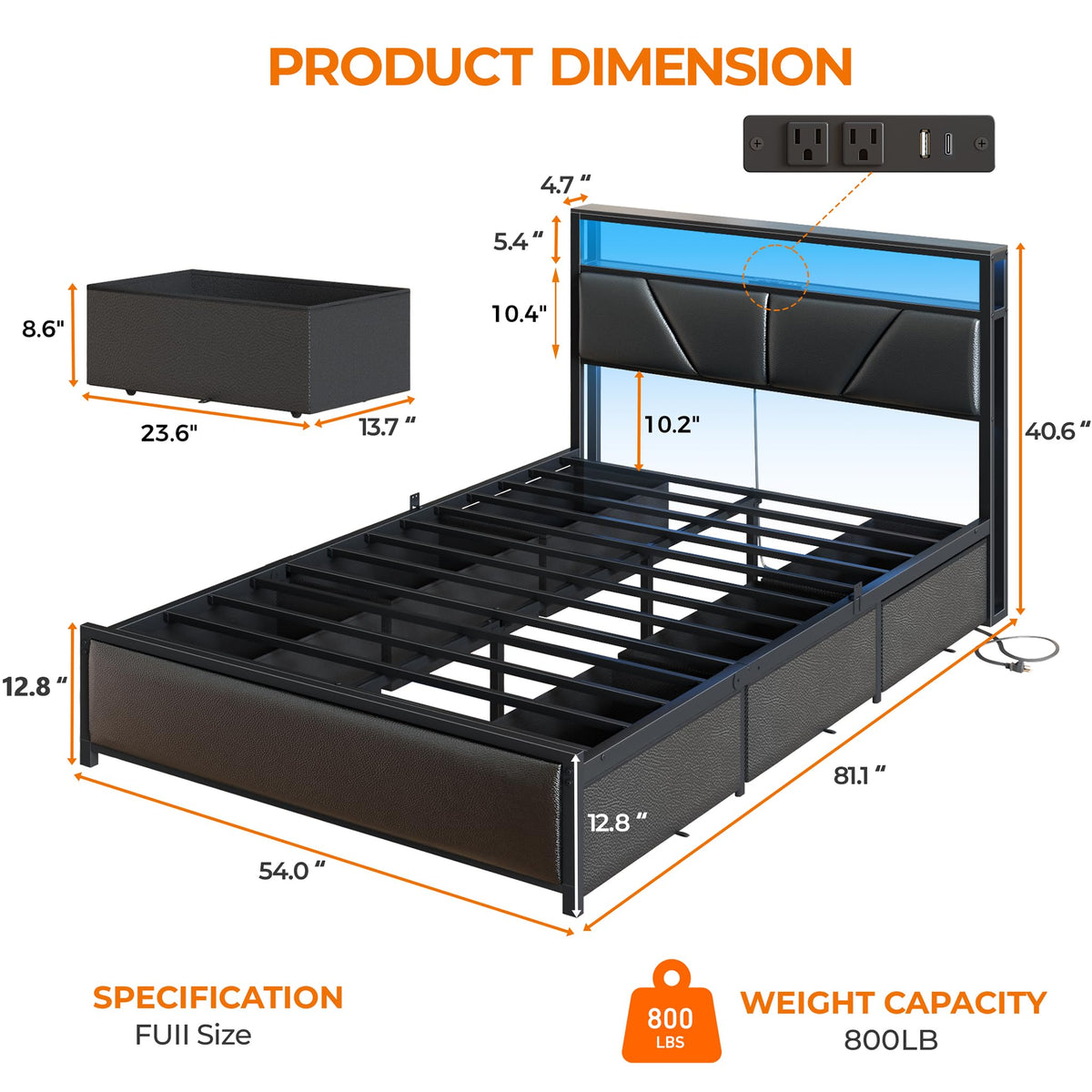 Full Storage Bed Frame with LED Lighting