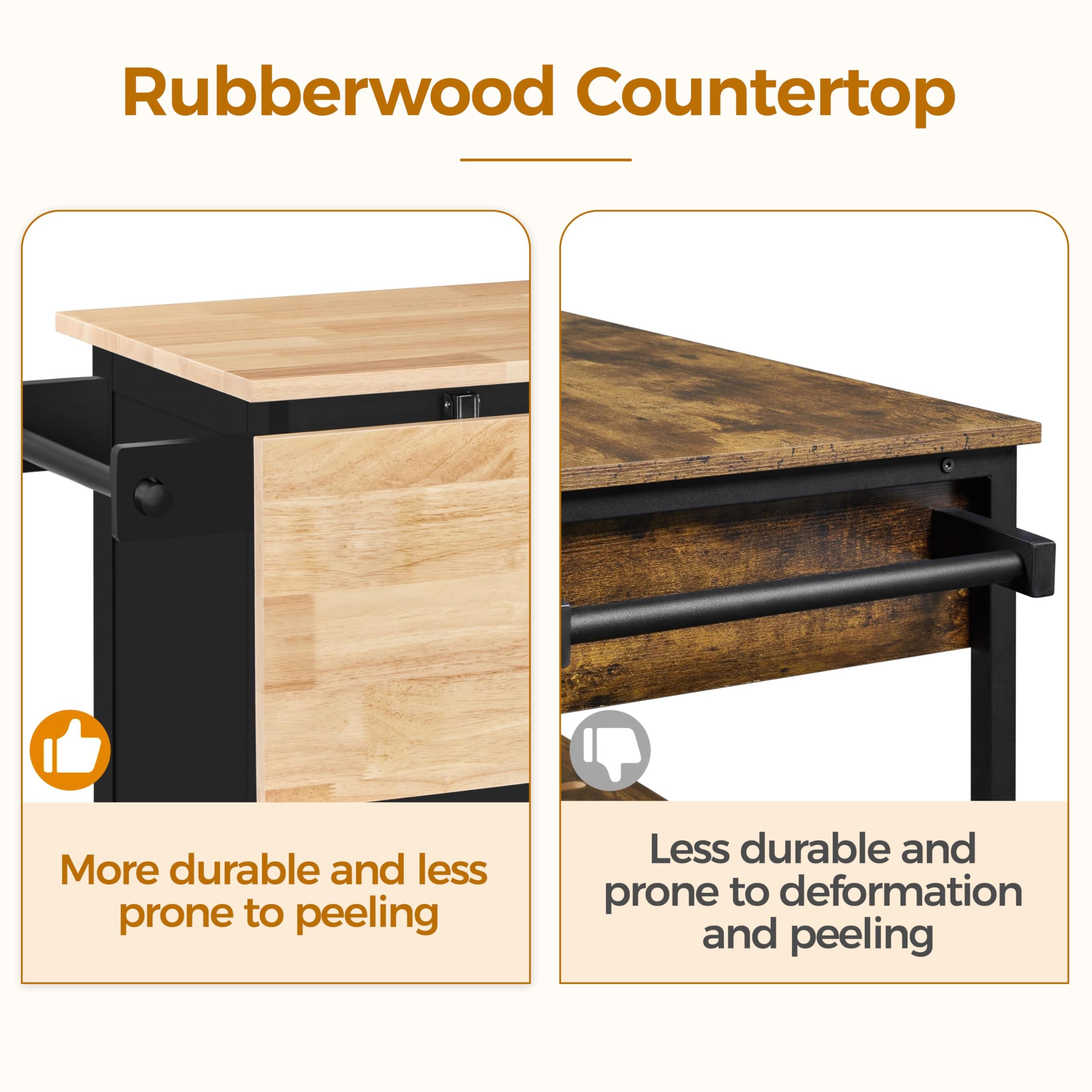 Yaheetech Kitchen Island Cart with Drop Leaf, 49" Rolling Island Table with Storage, Drawer, Kitchen Cart with Rubberwood Top, Detachable Towel & Spice Rack, Black