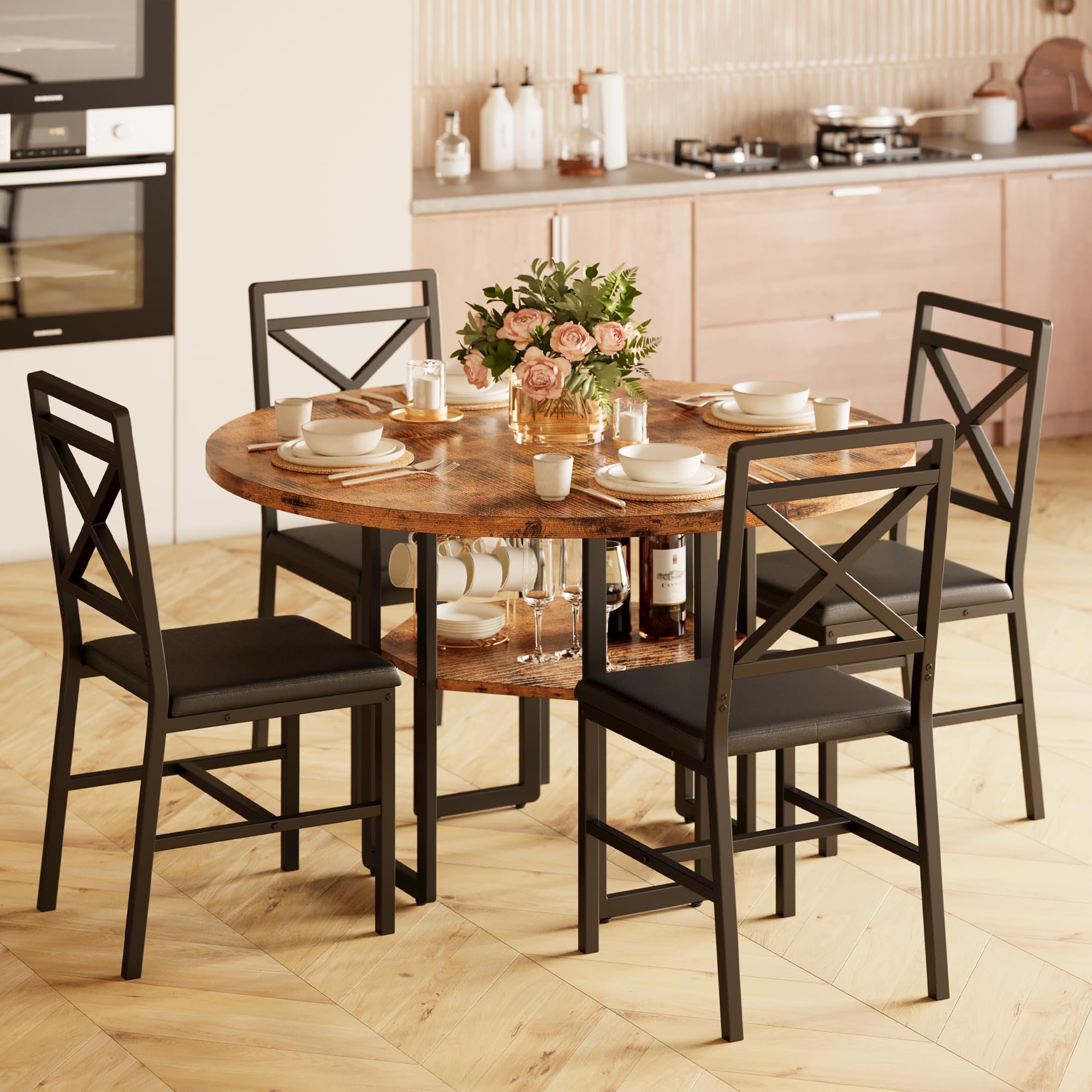 5-Piece Round Dining Table Set with 4 Chairs, 47"